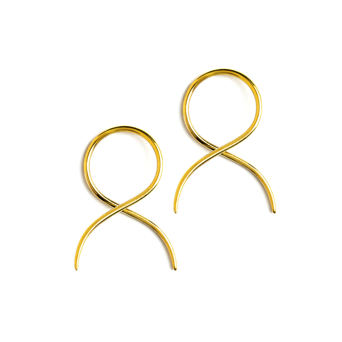 pair of golden brass wire twisted curved hook earrings side view