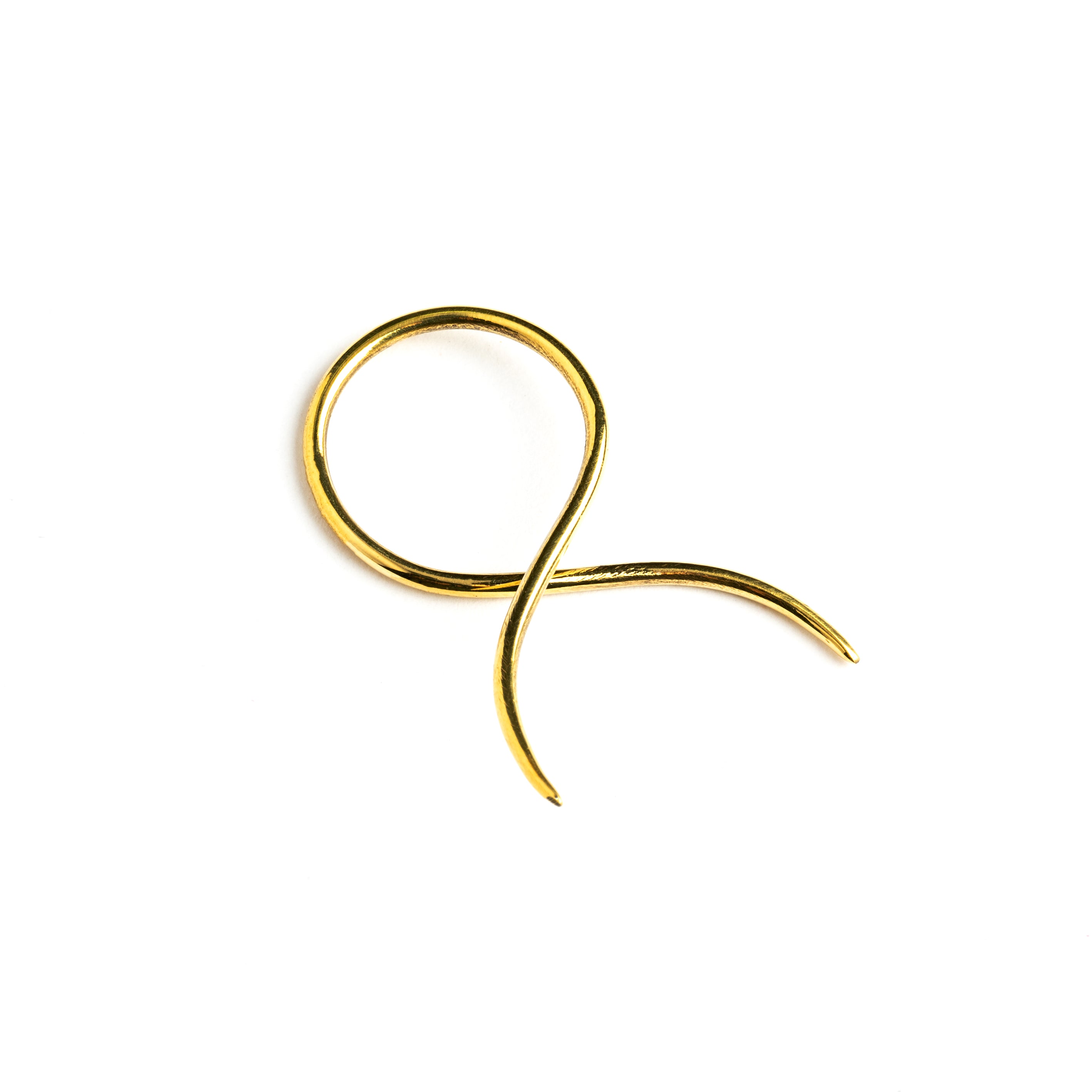 single golden brass wire twisted curved hook earring right side view
