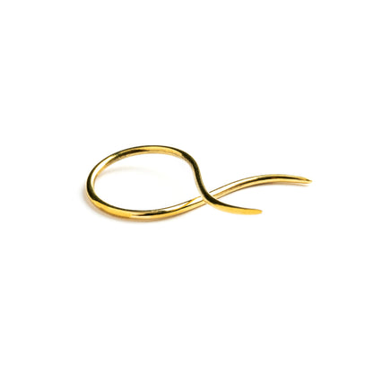 single golden brass wire twisted curved hook earring front view