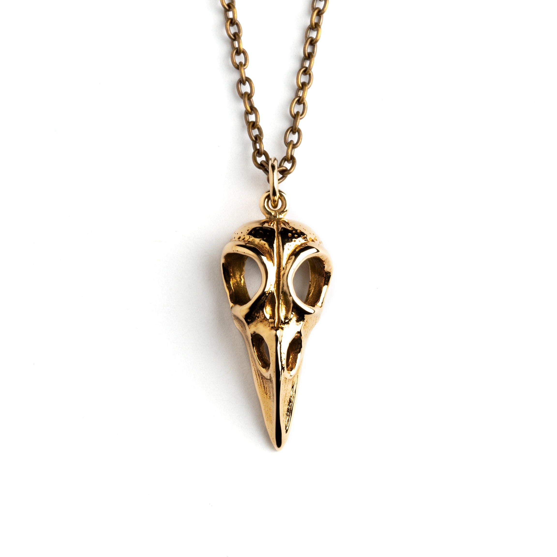 Bronze raven skull necklace frontal view