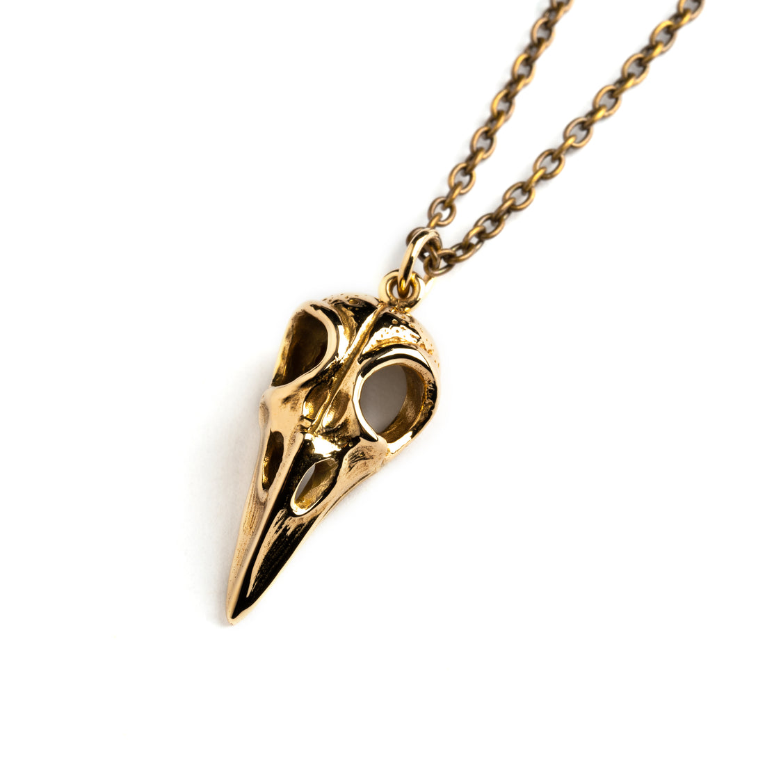 Bronze raven skull necklace left view