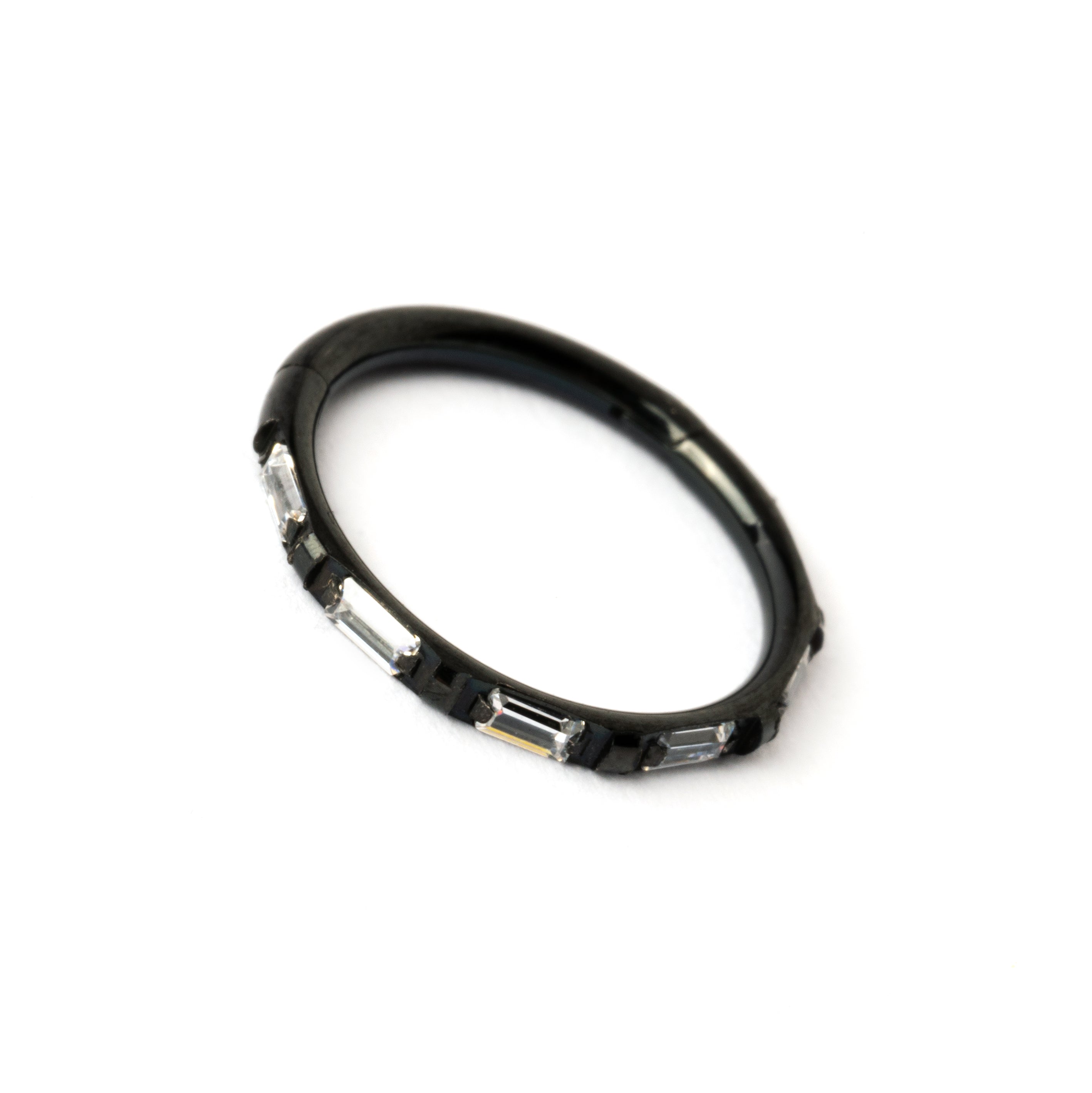 Black surgical steel with crystals clicker ring side view