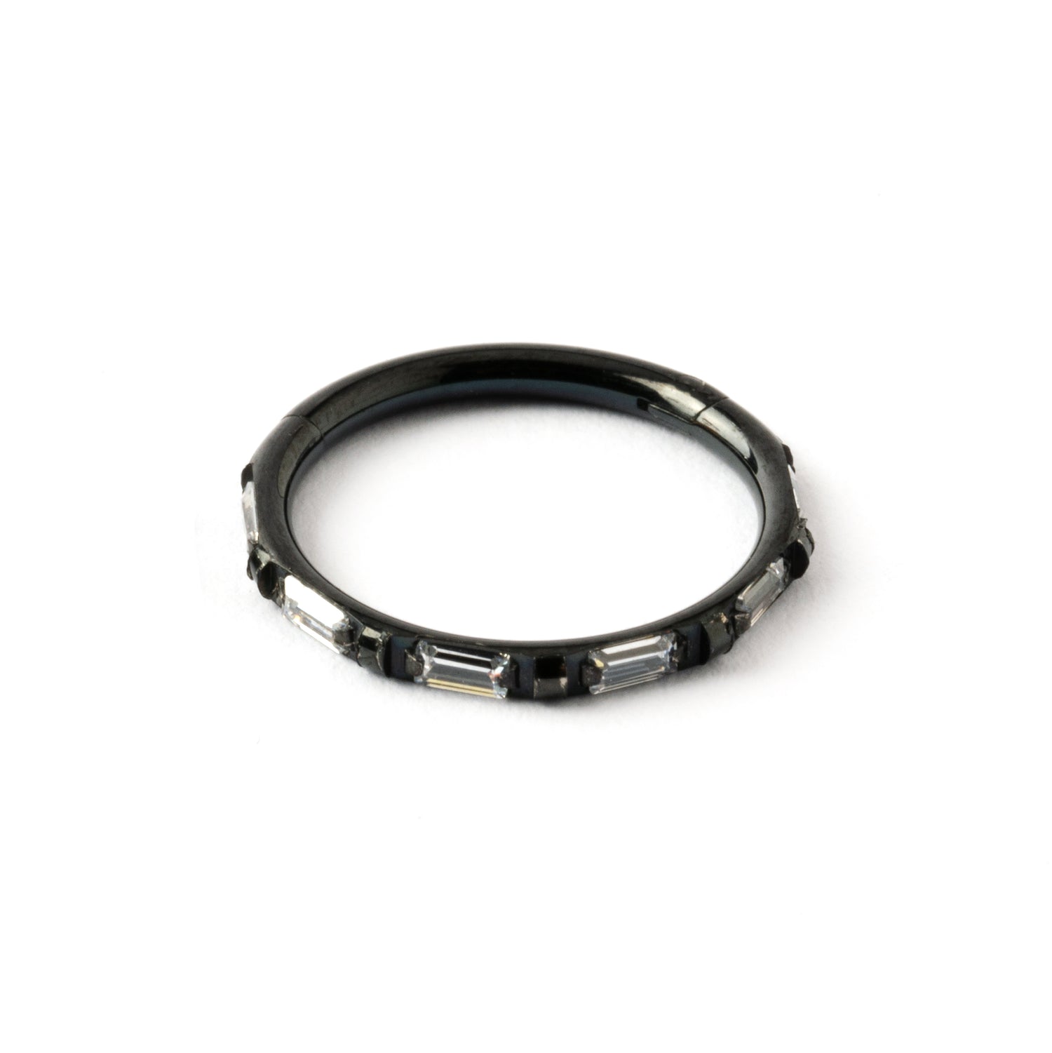 Black surgical steel with crystals clicker ring frontal view