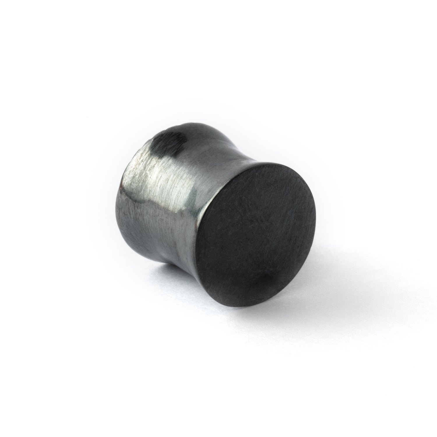 double flared black silver scratched ear plug back view