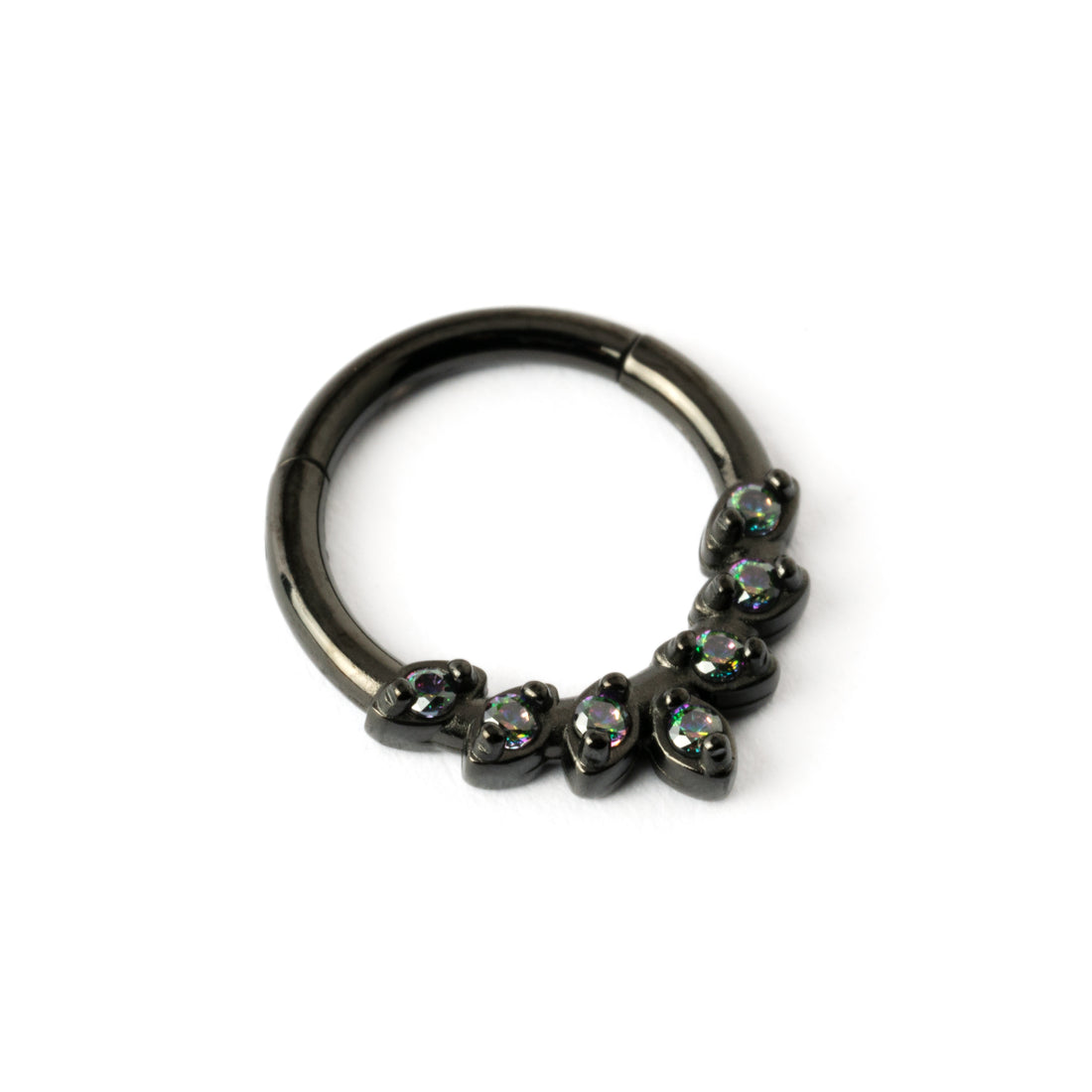 Black surgical steel teardrop petals septum clicker with crystals right side view