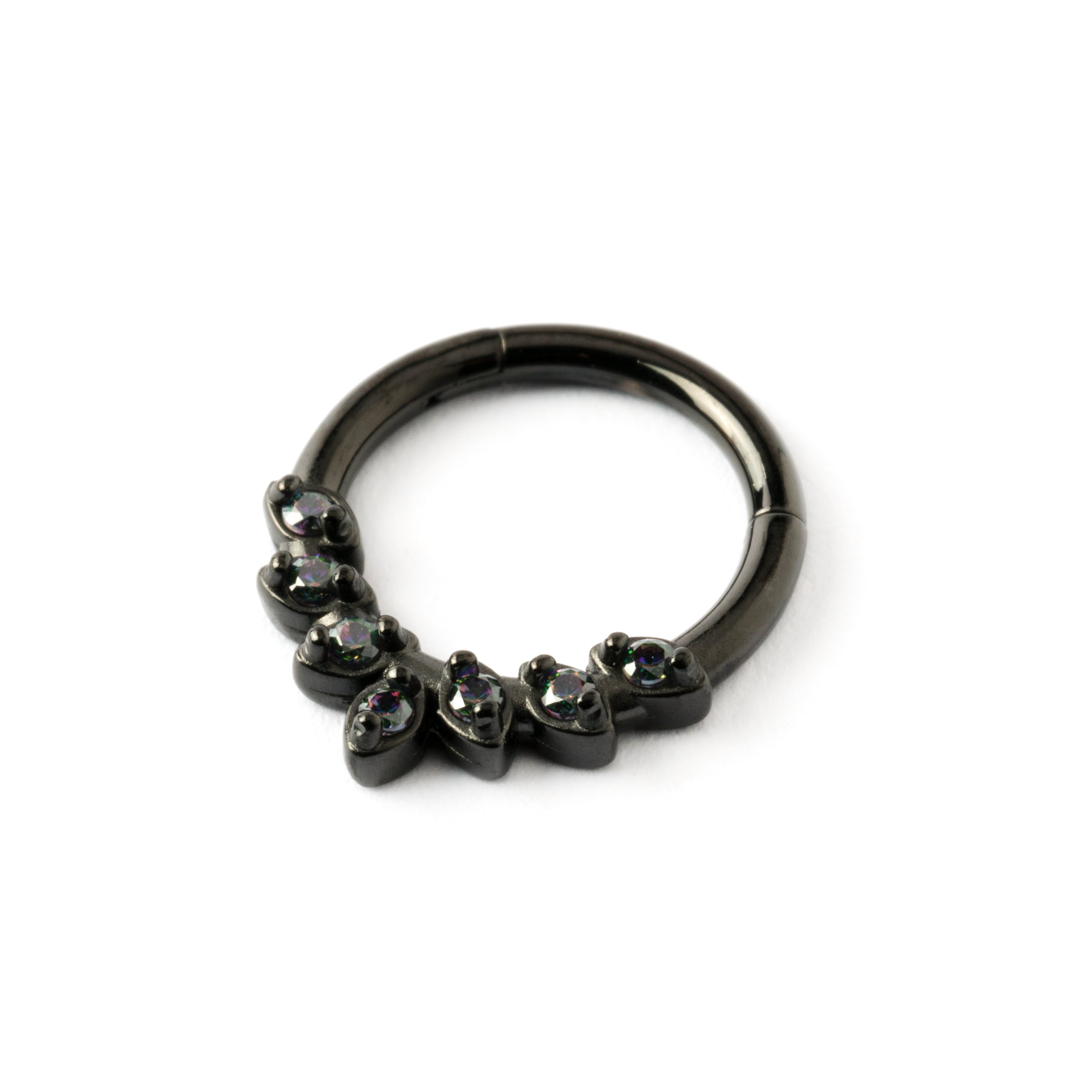 Black surgical steel teardrop petals septum clicker with crystals left side view
