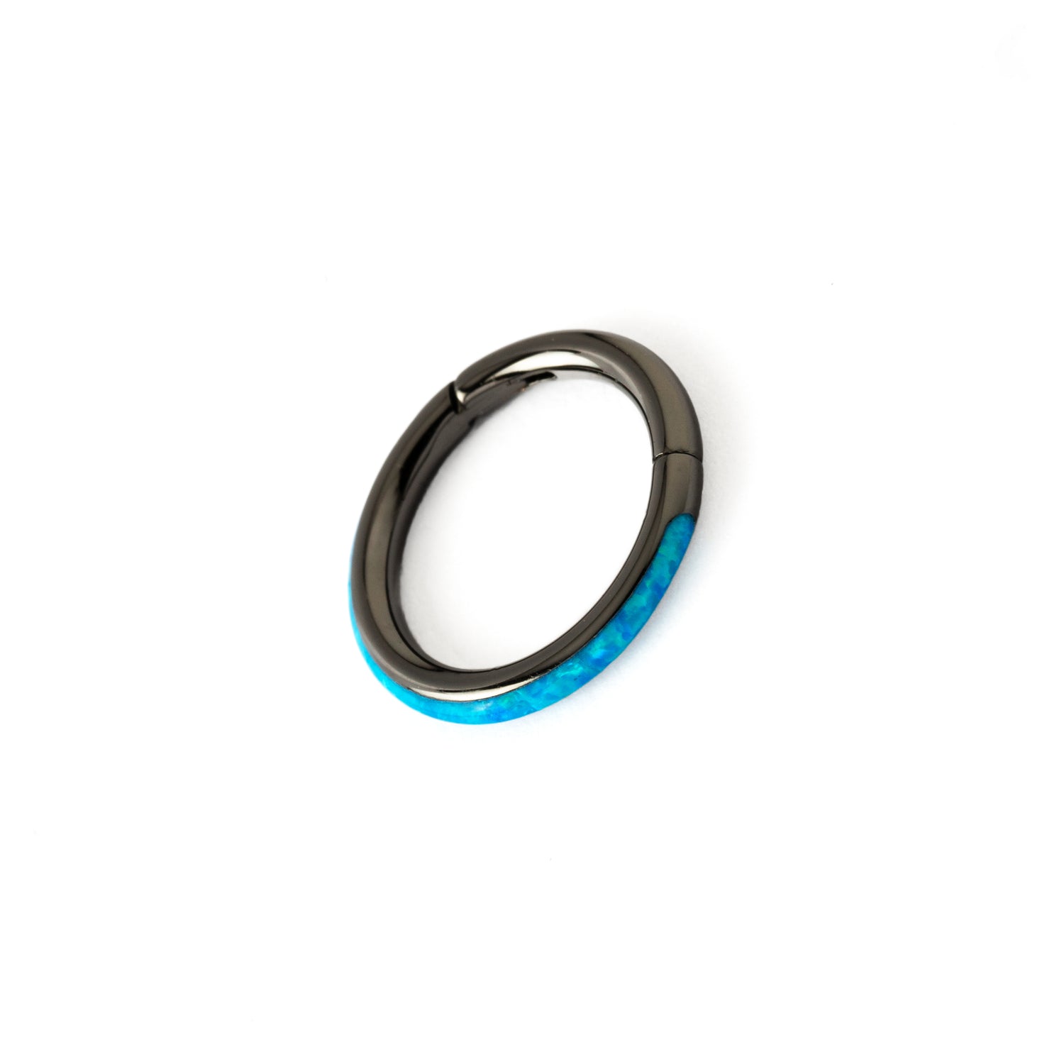 Black surgical steel Clicker Ring with Blue Opal side view