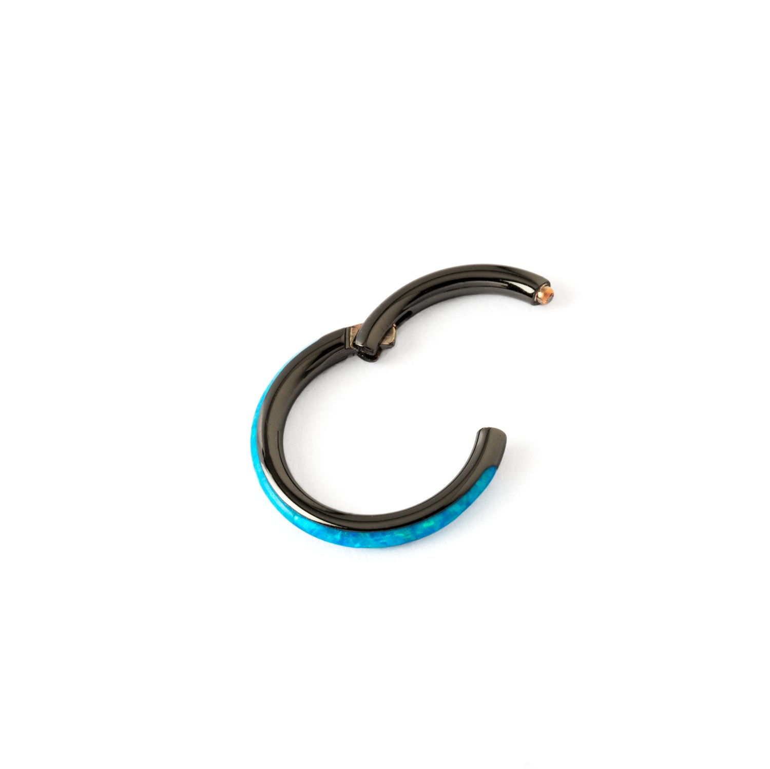 Black surgical steel Clicker Ring with Blue Opal hinged segment view