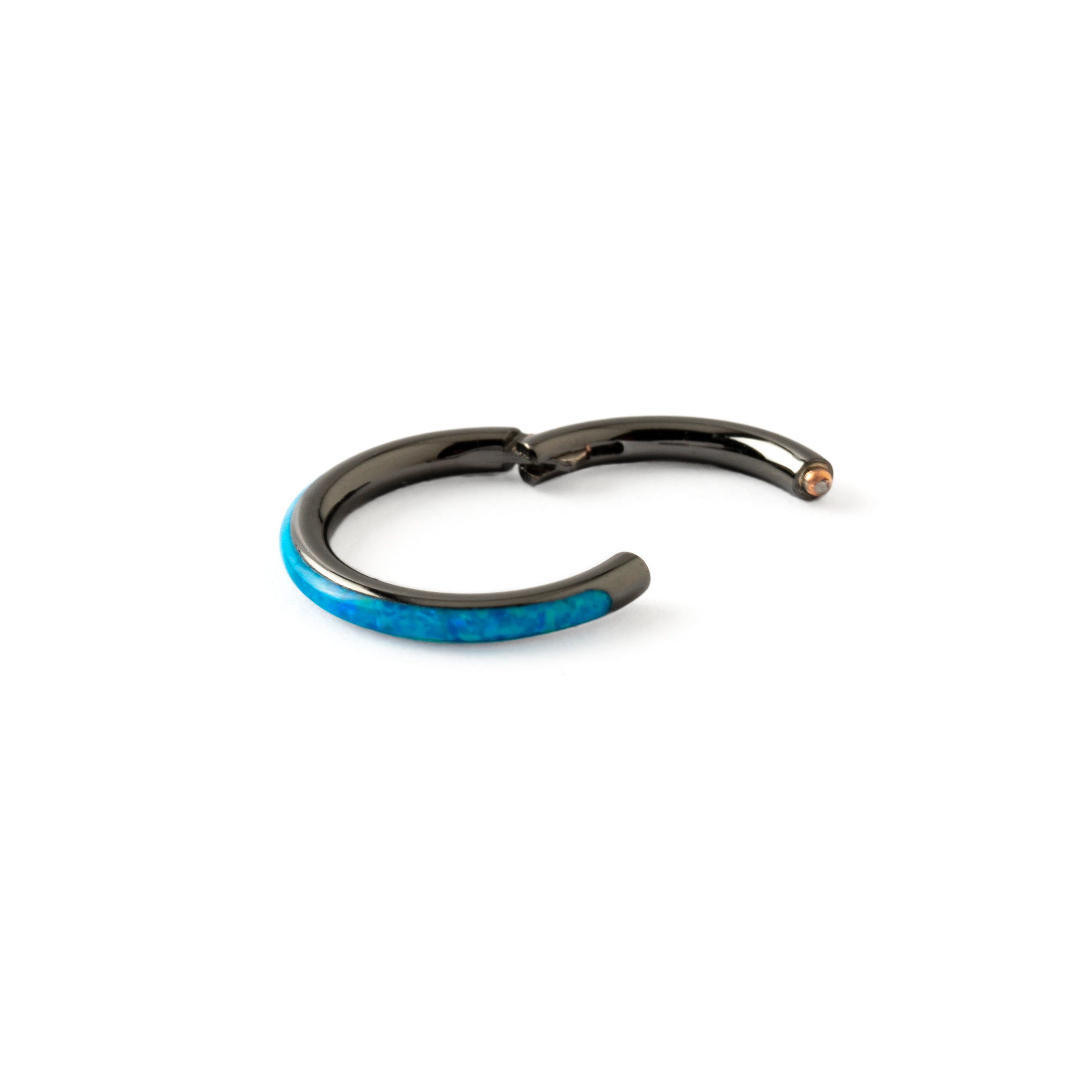 Black surgical steel Clicker Ring with Blue Opal hinged segment view