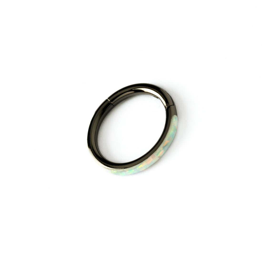 shiny black surgical steel clicker ring with white opal adorned its outer rim right side view