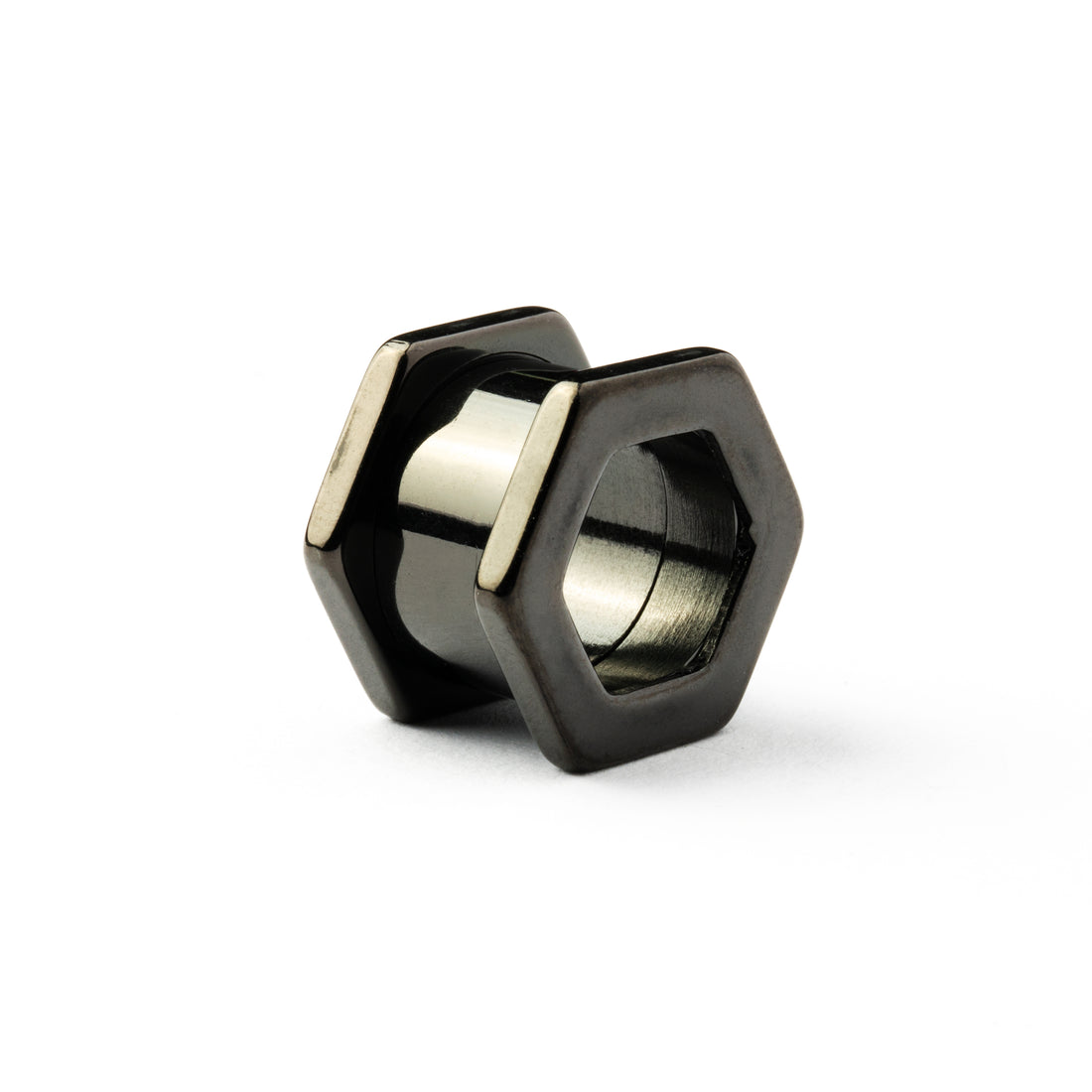 single surgical steel black hexagon ear tunnel front right view