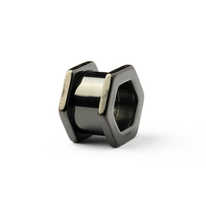 single surgical steel black hexagon ear tunnel right side view