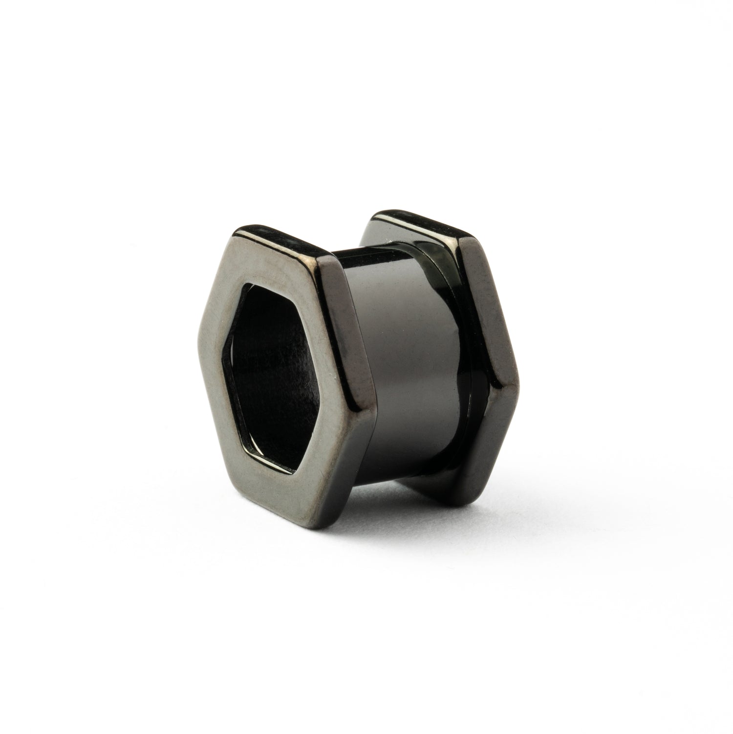 single surgical steel black hexagon ear tunnel back right view