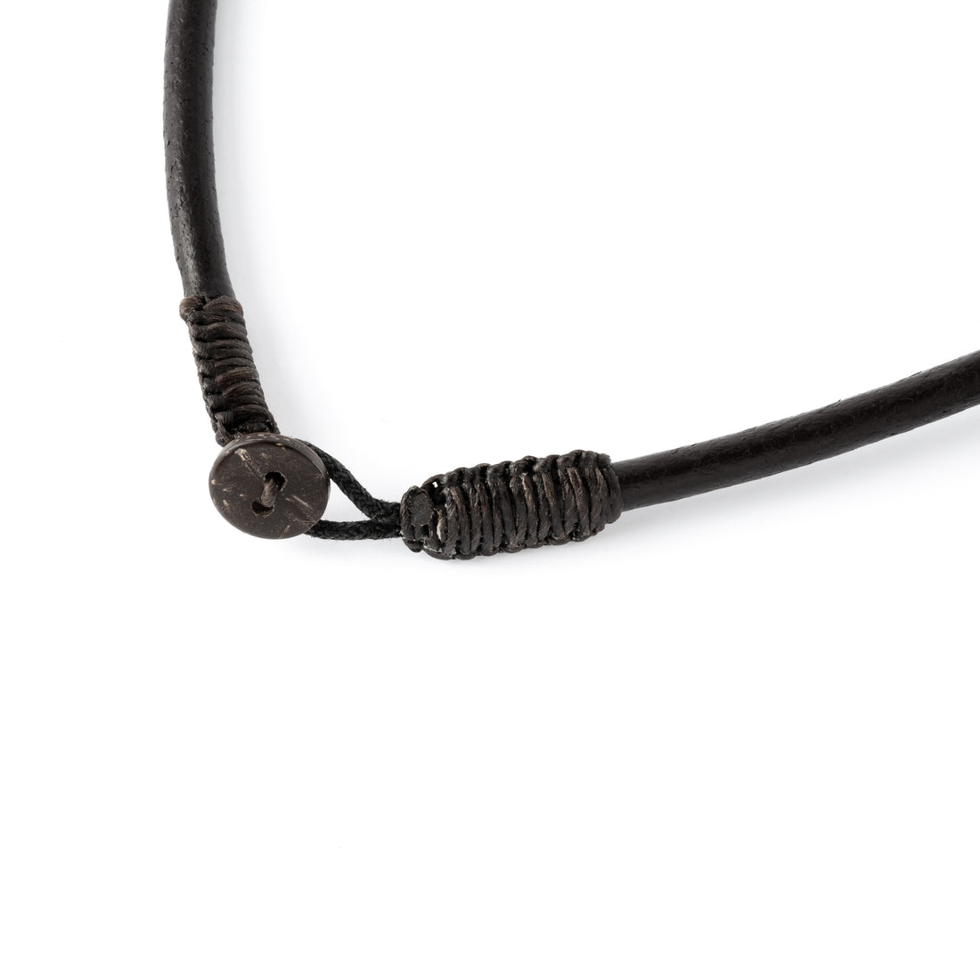 black leather cord necklace with coconut bead closure view