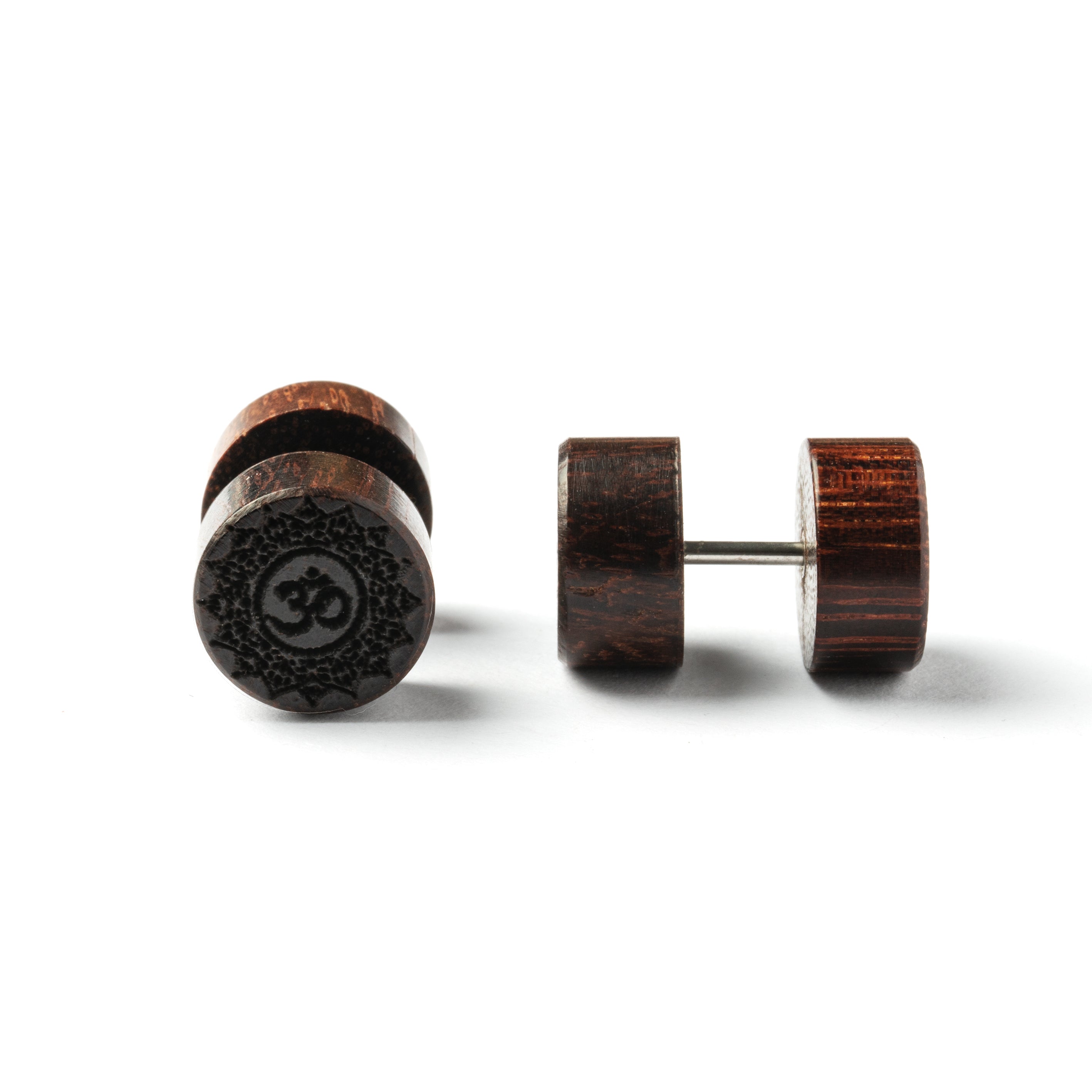 Pair of wooden Om lotus mandala fake stretcher earrings front and side view