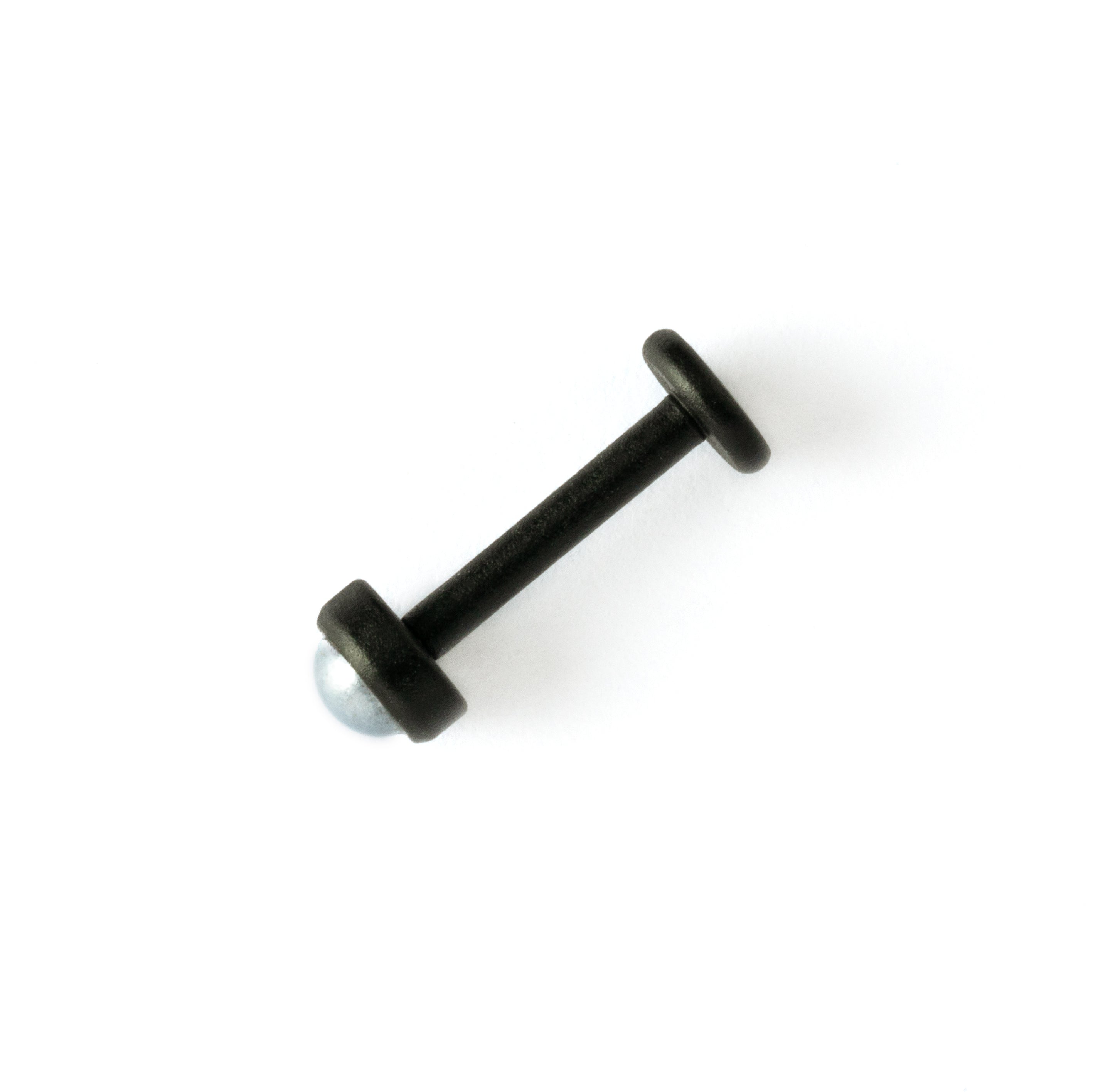 matte black surgical steel with black pearl labret stud side view