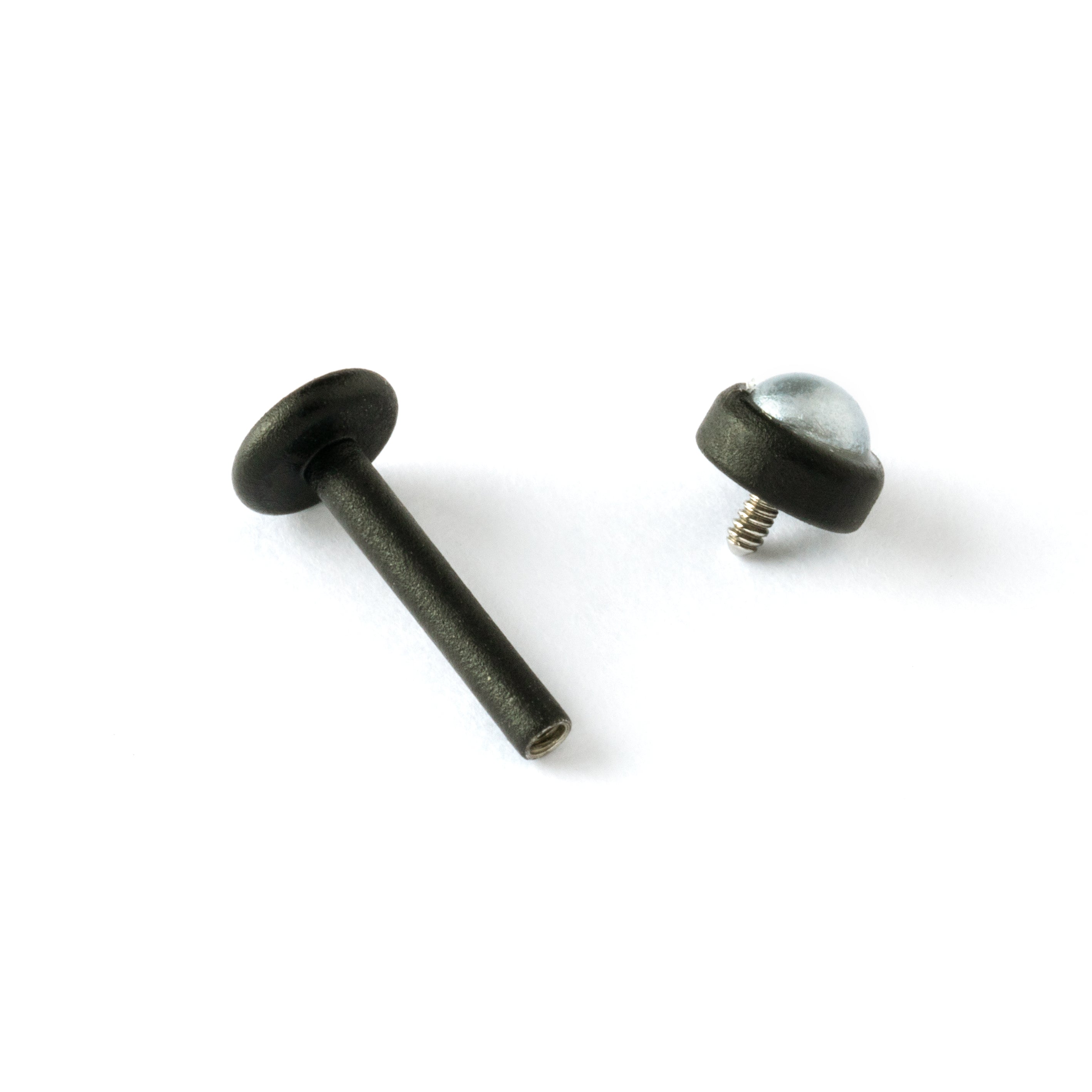 matte black surgical steel with black pearl labret stud internally threaded closure view