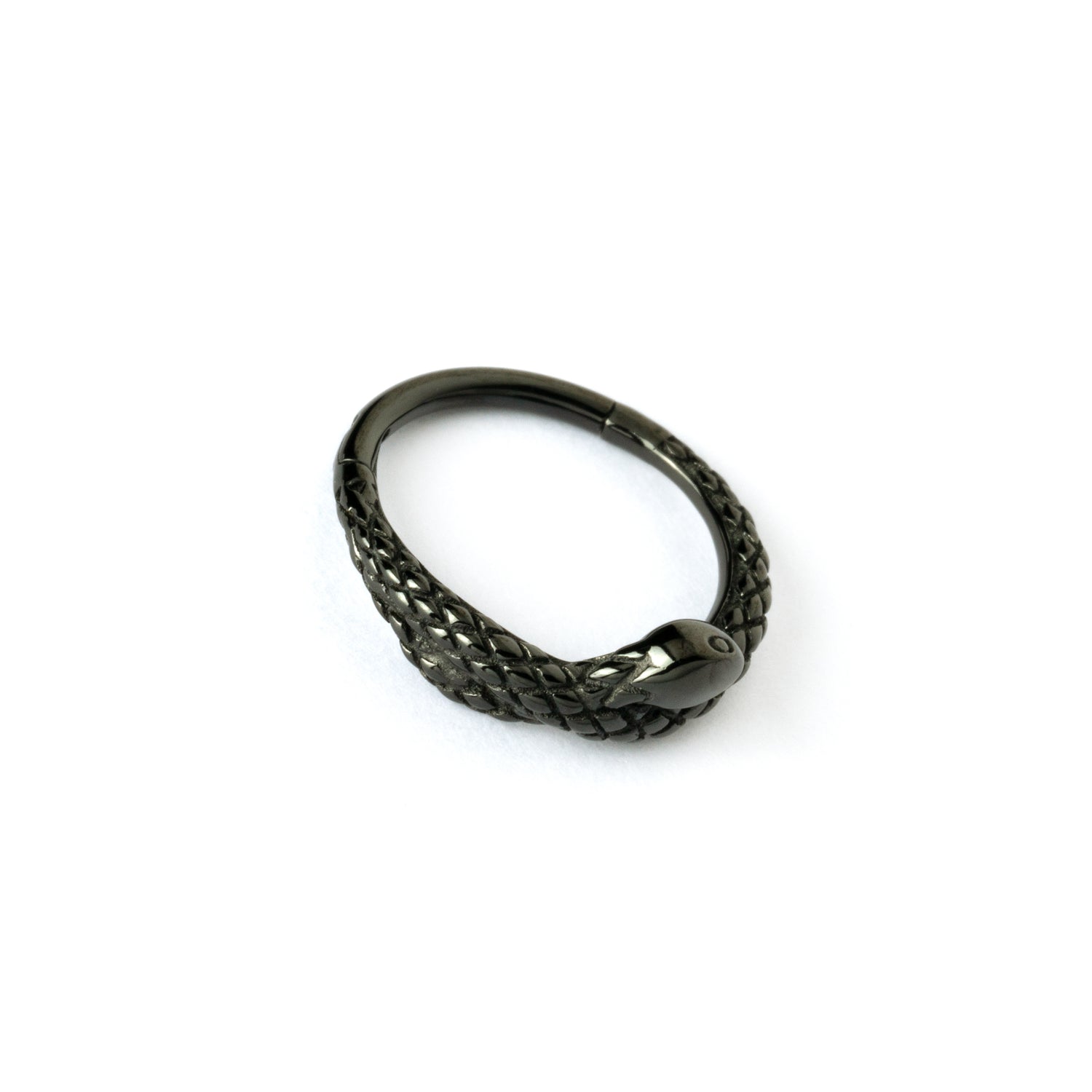 shiny black surgical steel snake piercing clicker ring right side view