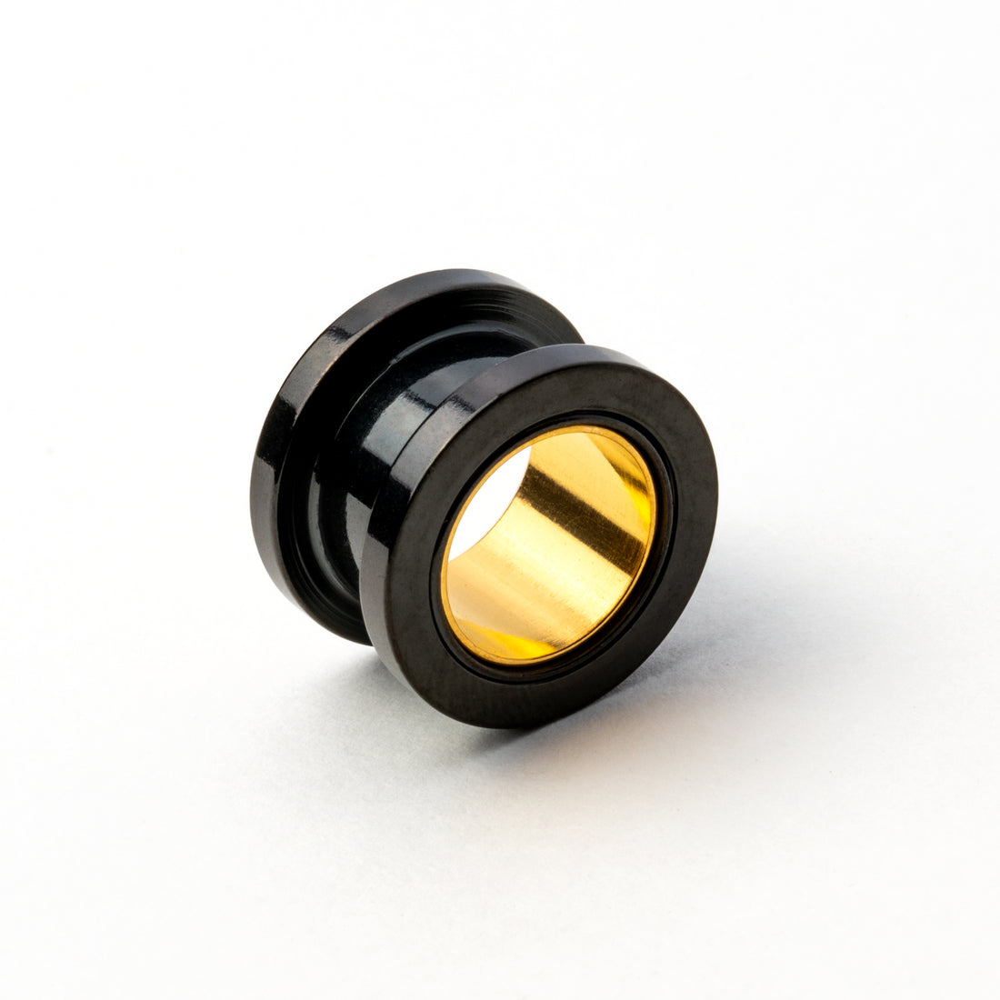 single black and gold surgical steel ear tunnel right front view