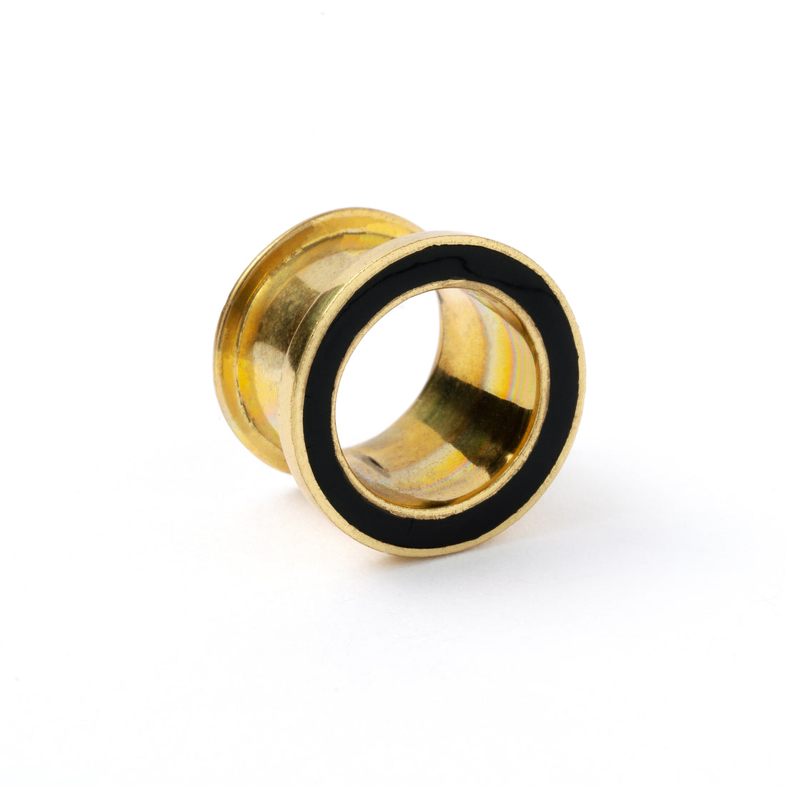 Golden brass plug tunnel with black resin inlay left side view
