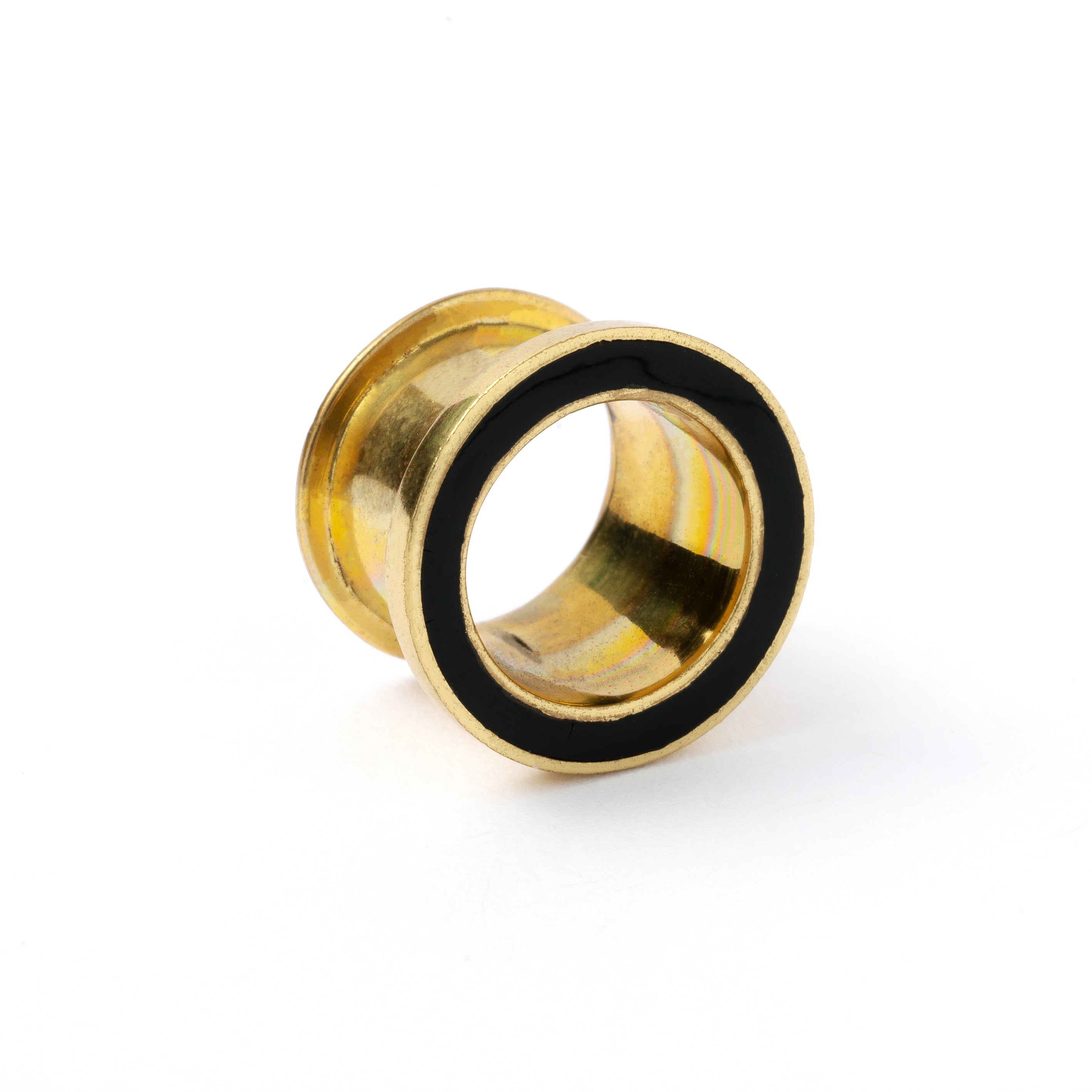 Golden brass plug tunnel with black resin inlay left side view