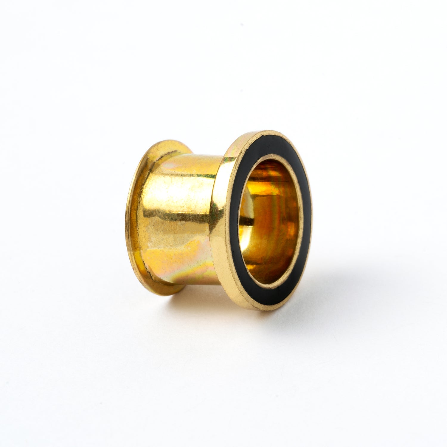 Golden brass plug tunnel with black resin inlay side view