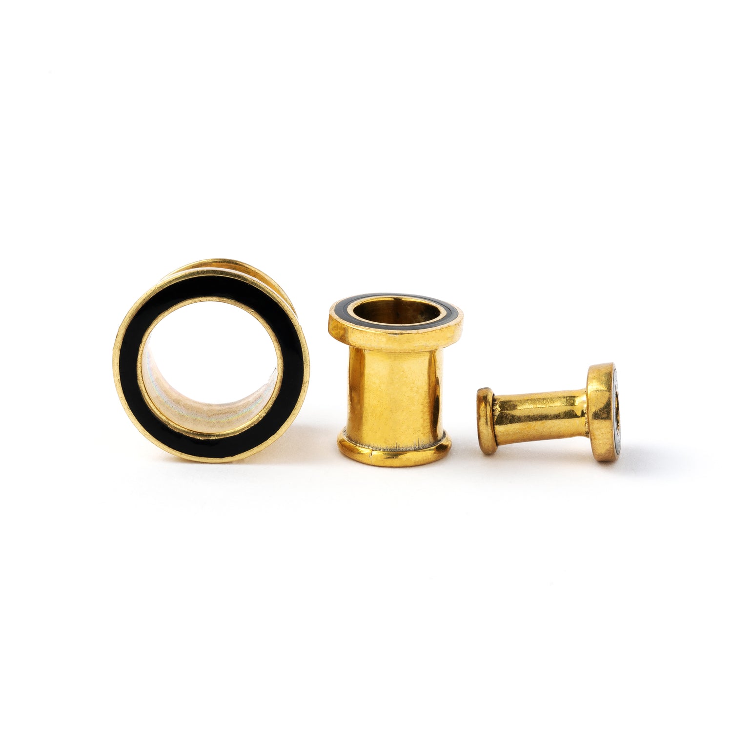 Golden brass plug tunnel with black resin inlay
