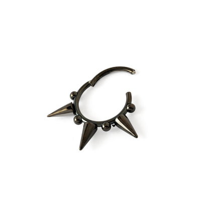 Black surgical steel Spikes Septum Clicker ring hinged segment view