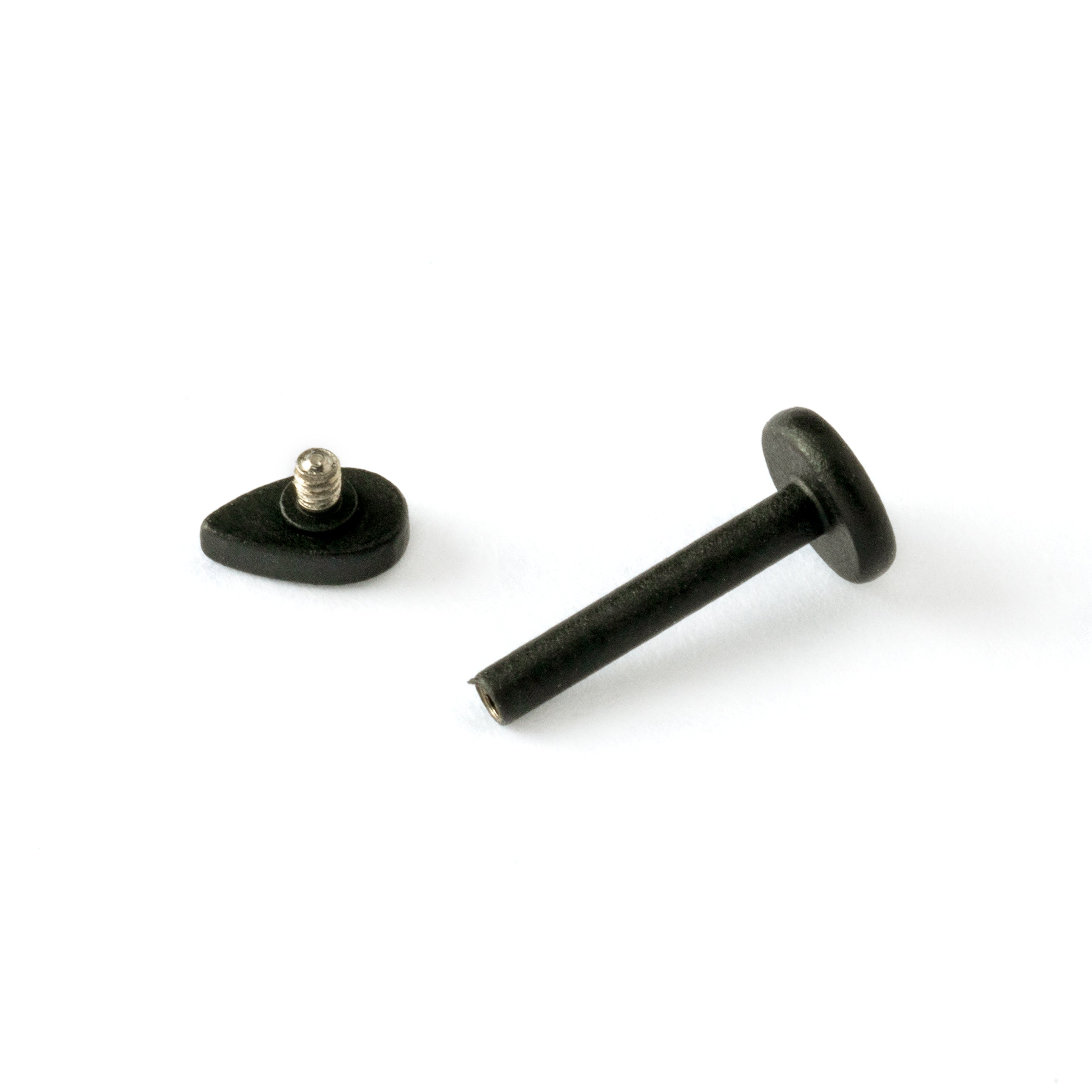 matte black surgical steel flat teardrop shaped labret stud internally threaded closure view