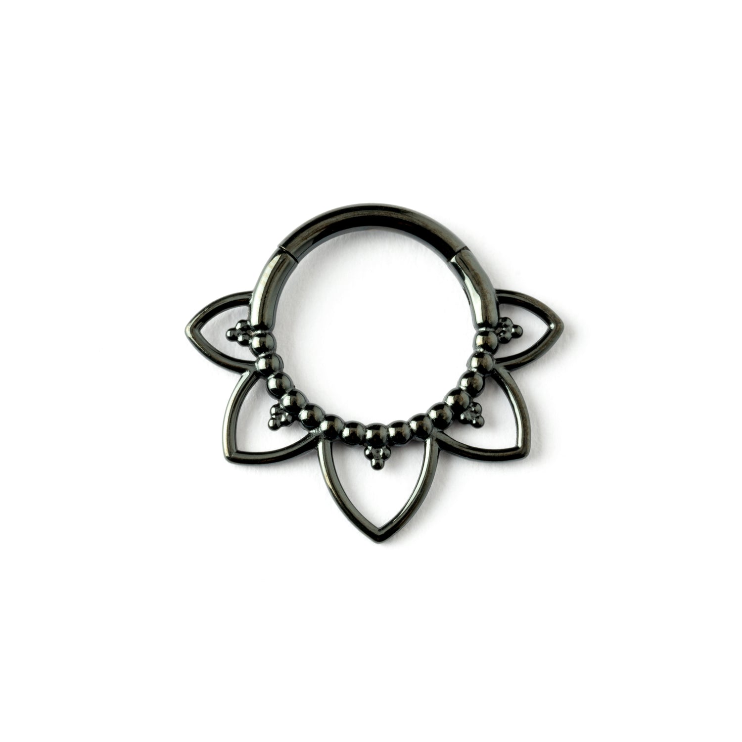 Iryia black surgical steel open lotus septum clickers frontal view
