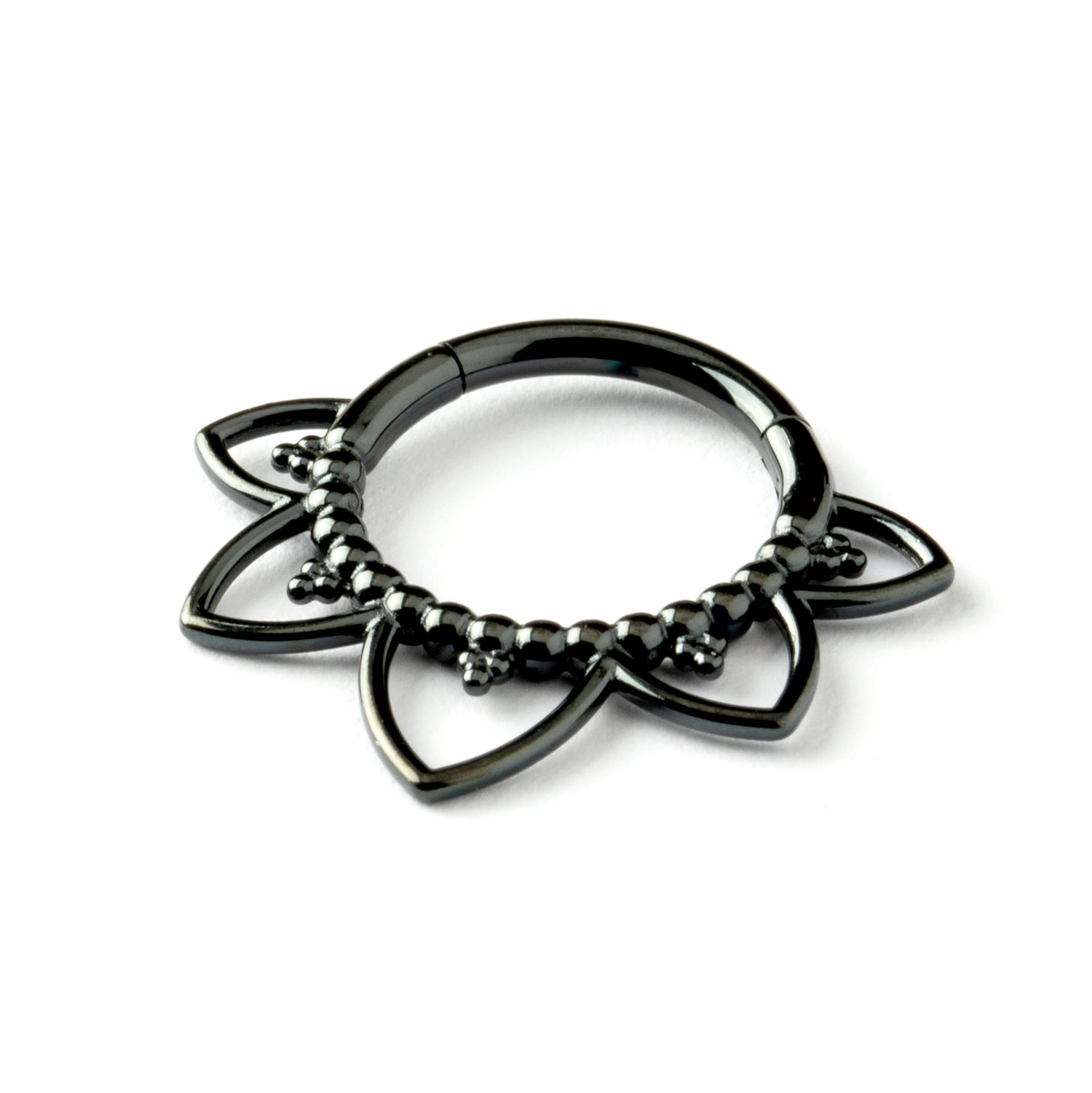 Iryia black surgical steel open lotus septum clickers left side view