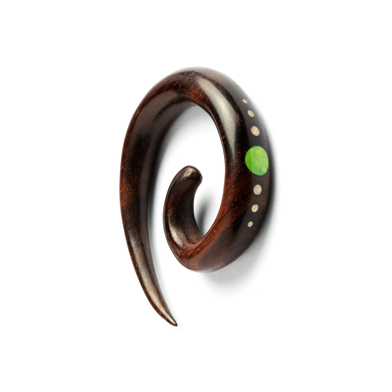 Spiral Rosewood Ear Stretcher with Stone and Silver Inlays