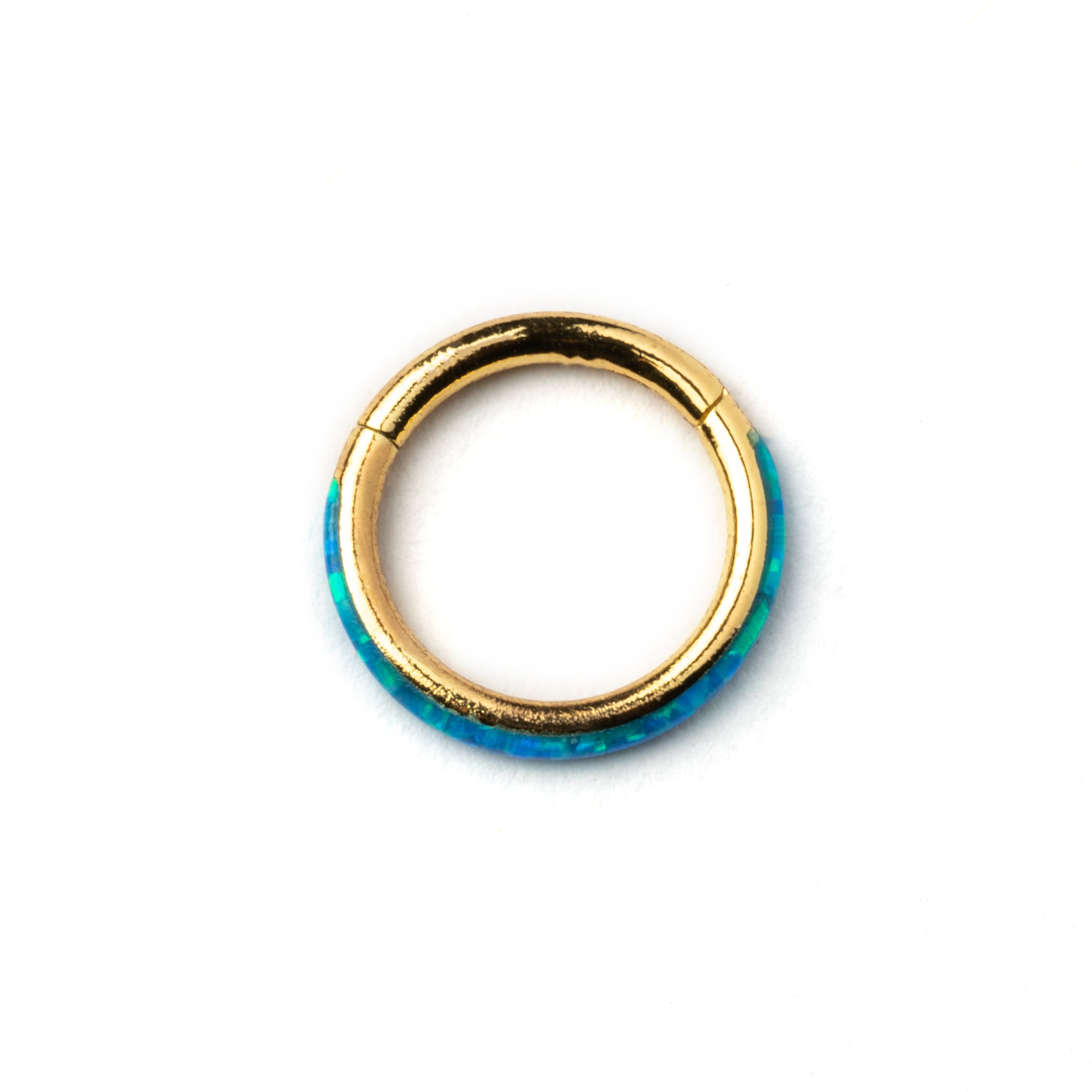 Gold surgical steel septum clicker ring with blue opal inlay frontal view