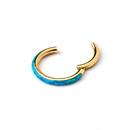 Gold surgical steel septum clicker ring with blue opal inlay closure view