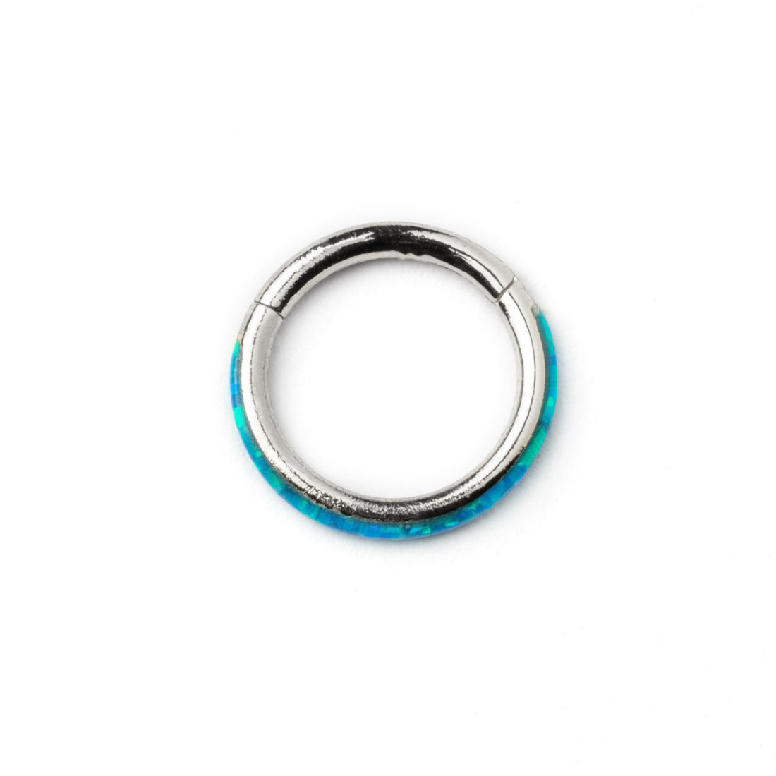 surgical steel and blue opal hinged segment ring septum clicker front view