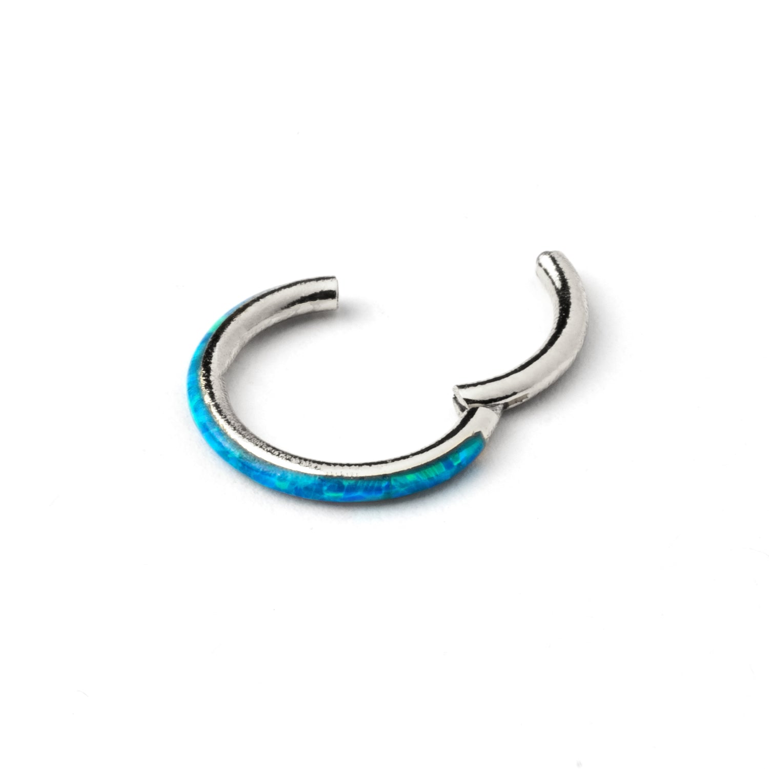surgical steel and blue opal hinged segment ring septum clicker closure view