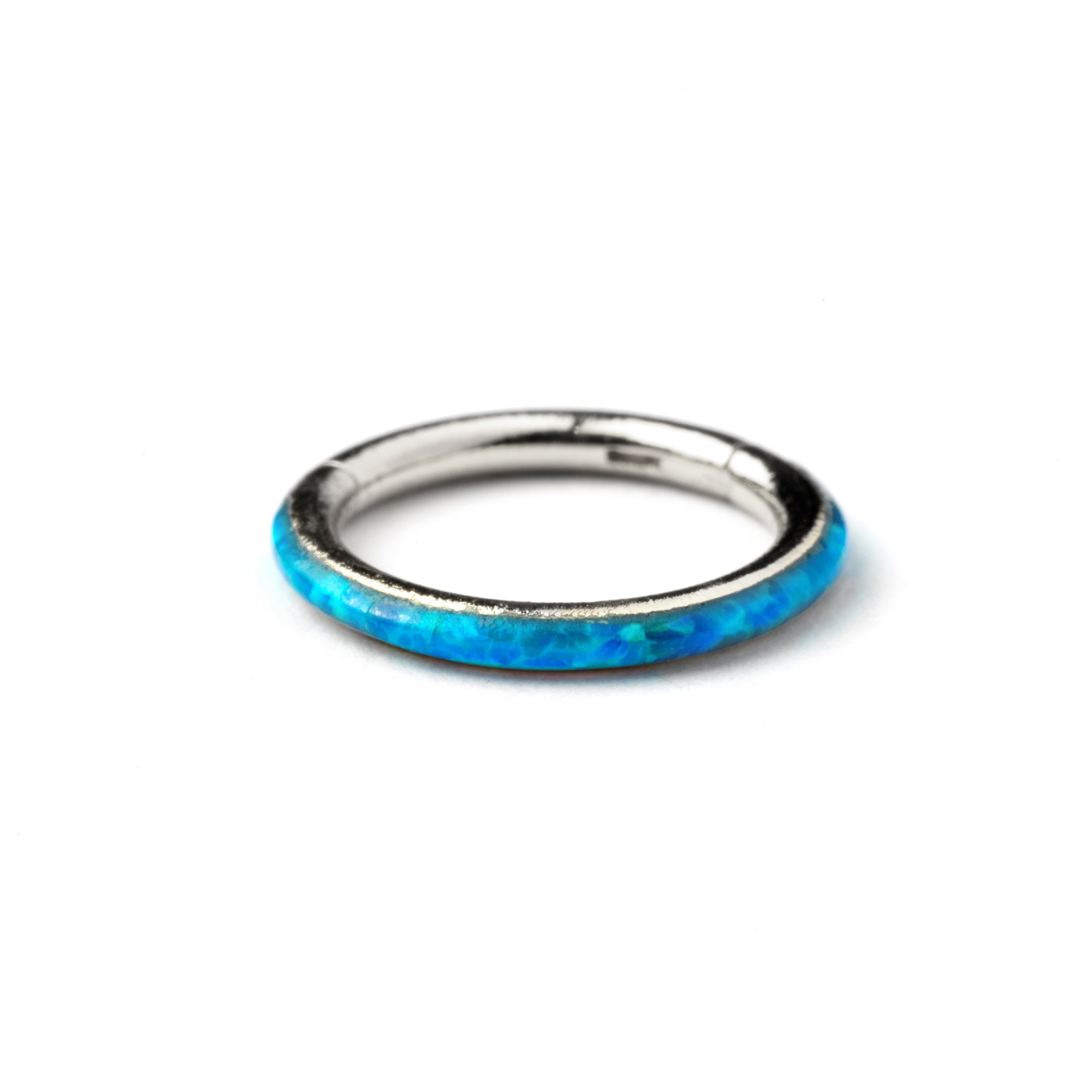 surgical steel and blue opal hinged segment ring septum clicker down view