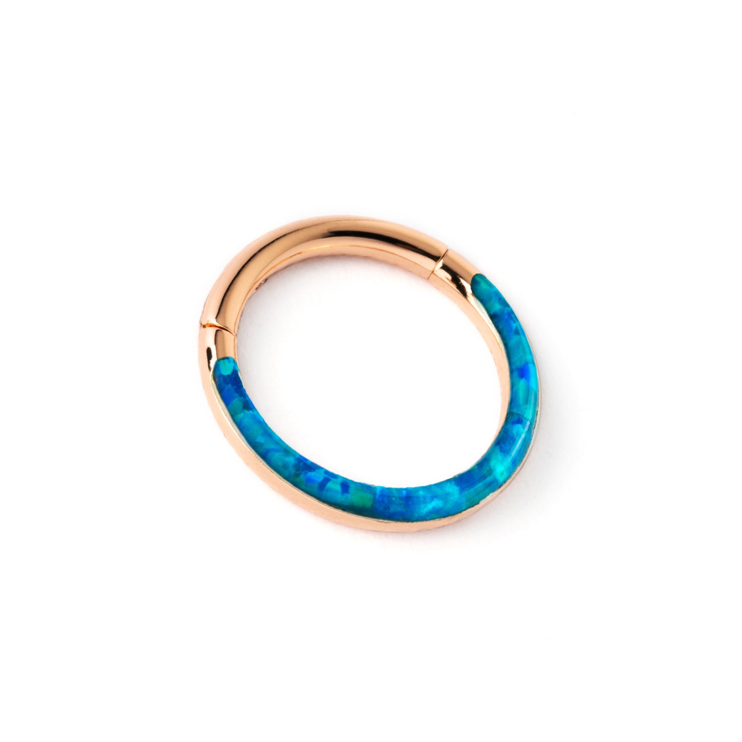 Rose Gold Clicker Ring with Blue Opal left side view