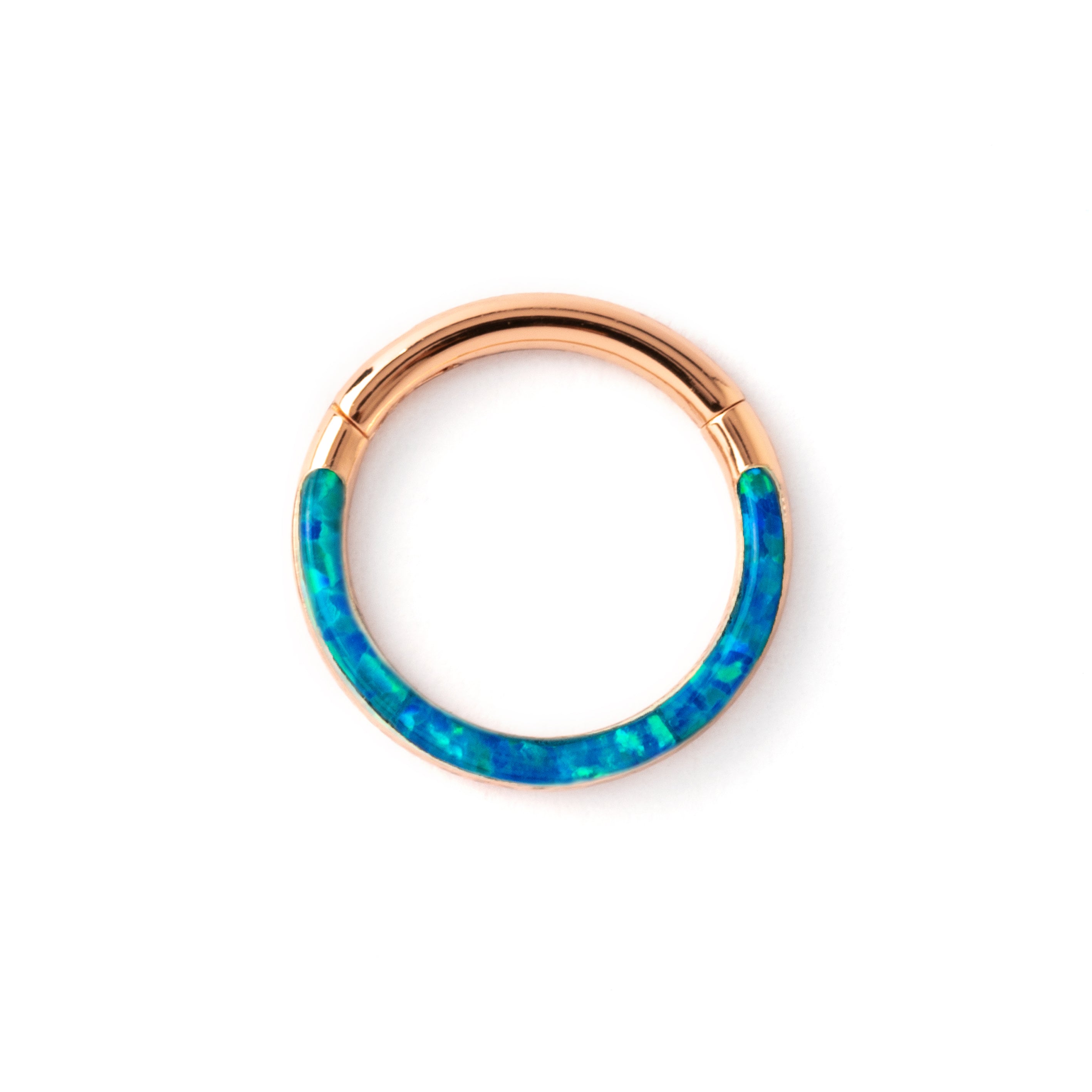 Rose Gold Clicker Ring with Blue Opal frontal view
