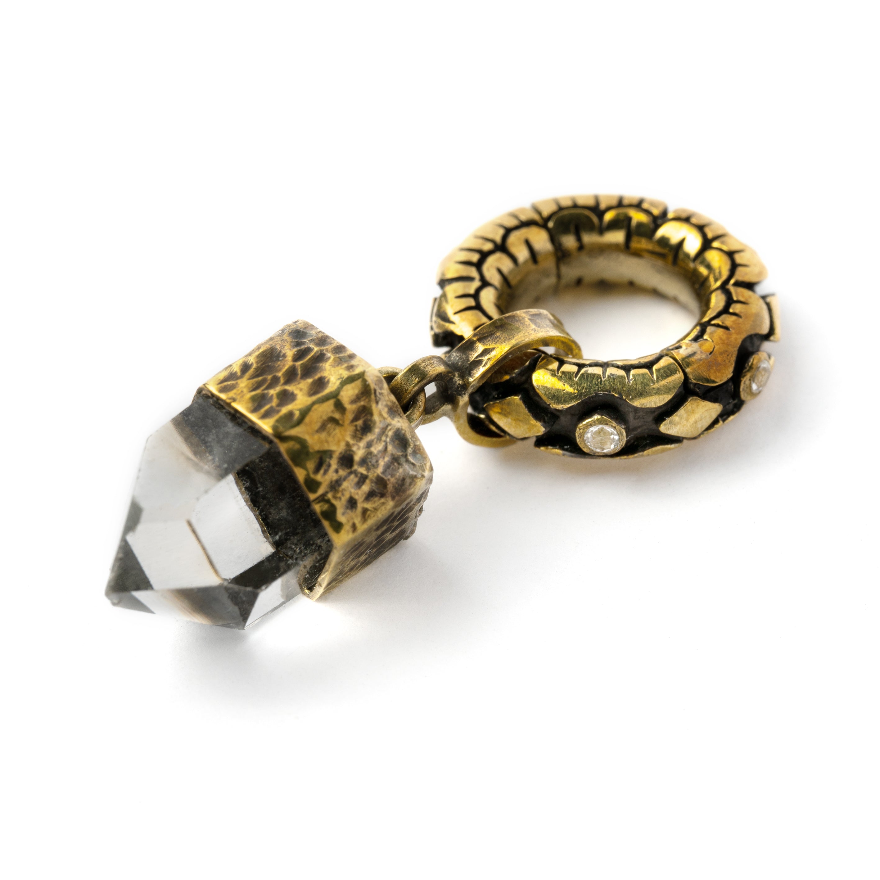 golden hoop hanger for stretched ears with topaz stones and quartz pendant side view