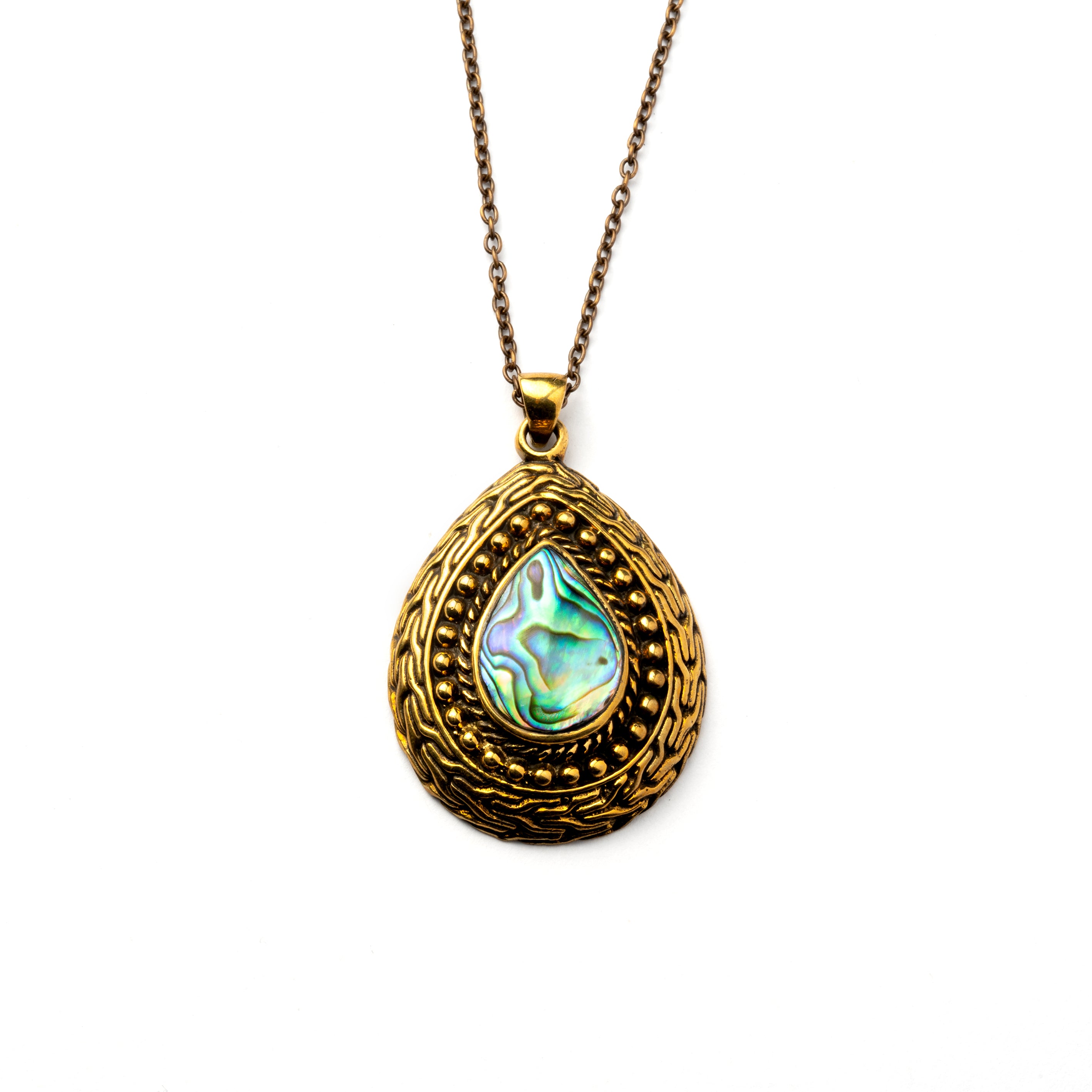 golden brass teardrop pendent with abalone shell frontal view