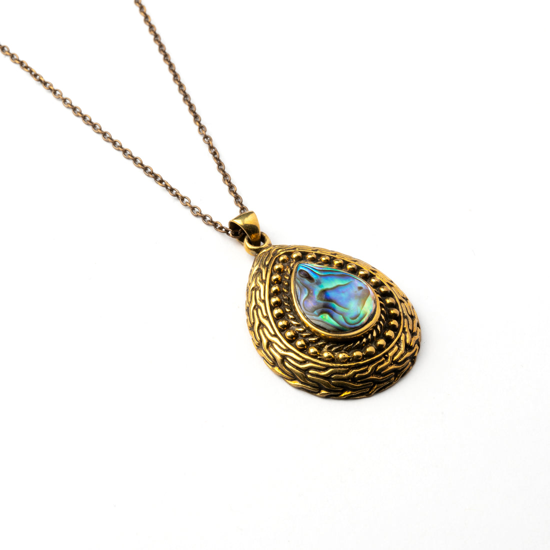 golden brass teardrop pendent with abalone shell right side view