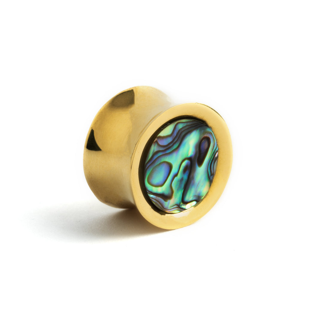 single golden brass ear plug with abalone inlay right side view