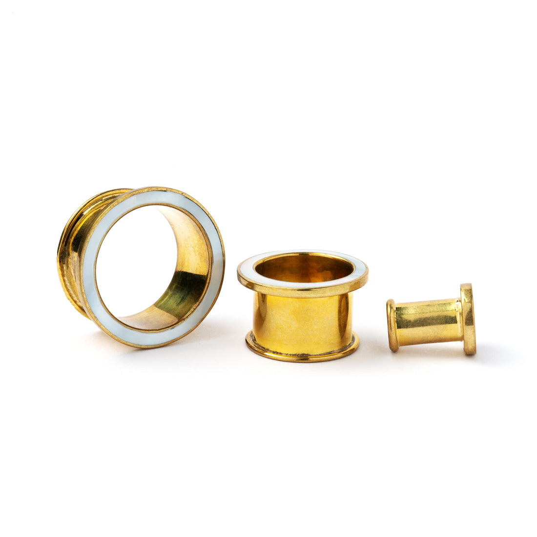 several sizes of golden brass with MOP ear tunnels front and side view