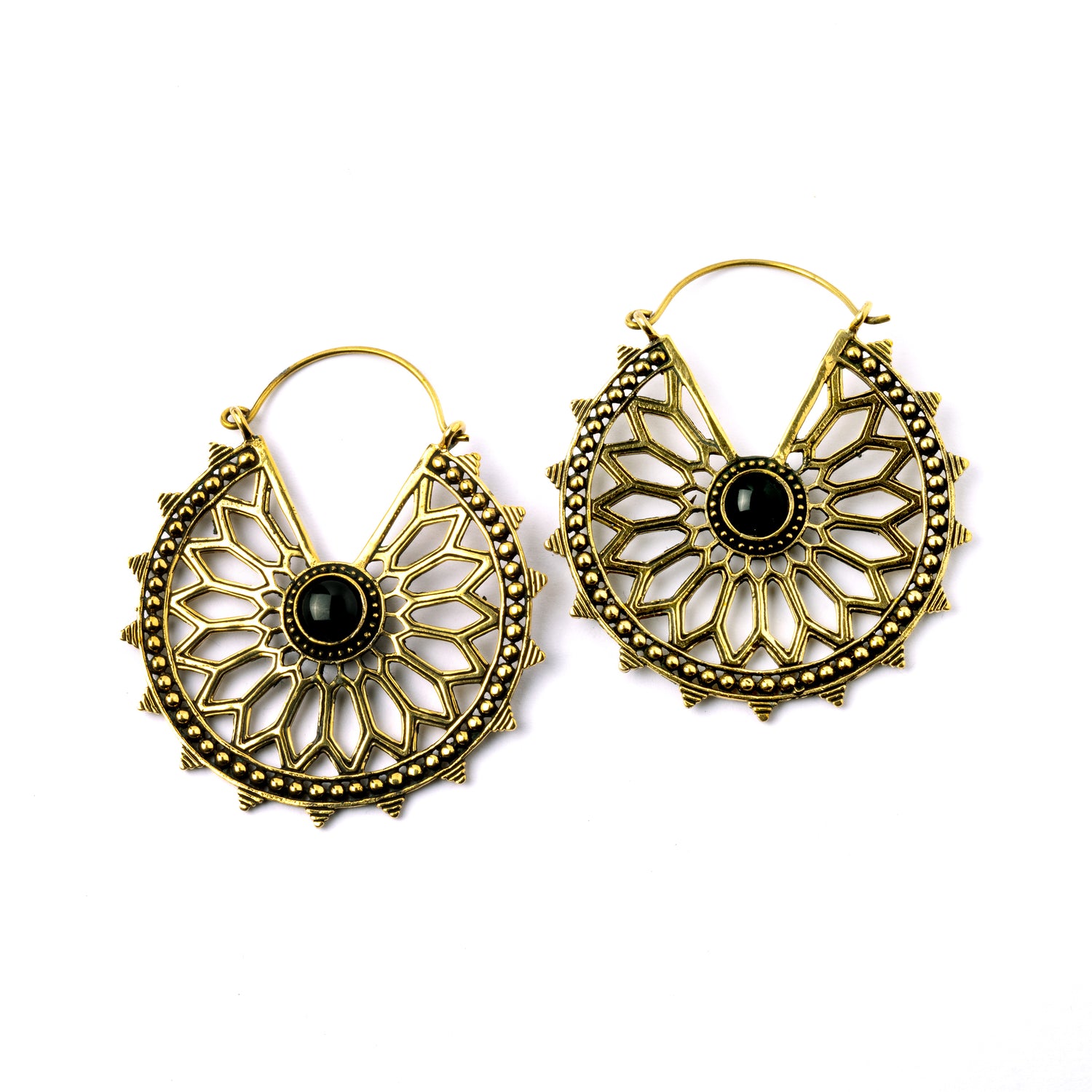 pair of golden brass geometric flower earrings with black onyx frontal view
