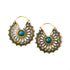pair of golden brass geometric flower earrings with turquoise frontal view
