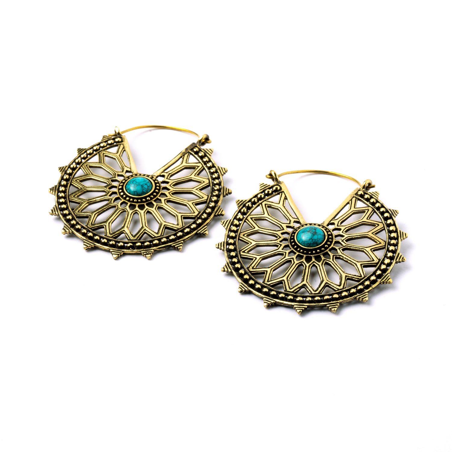 pair of golden brass geometric flower earrings with turquoise left side view