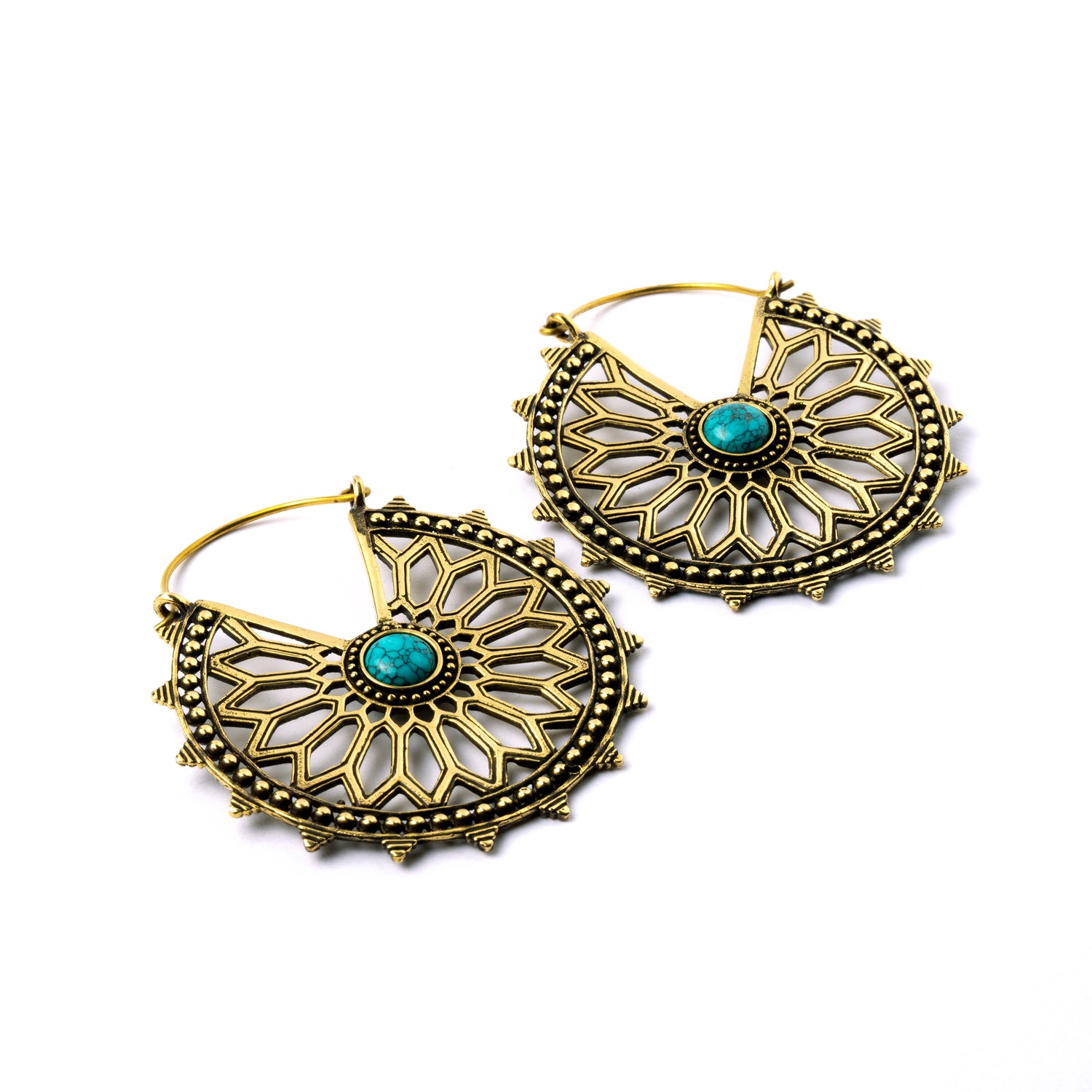 pair of golden brass geometric flower earrings with turquoise right side view