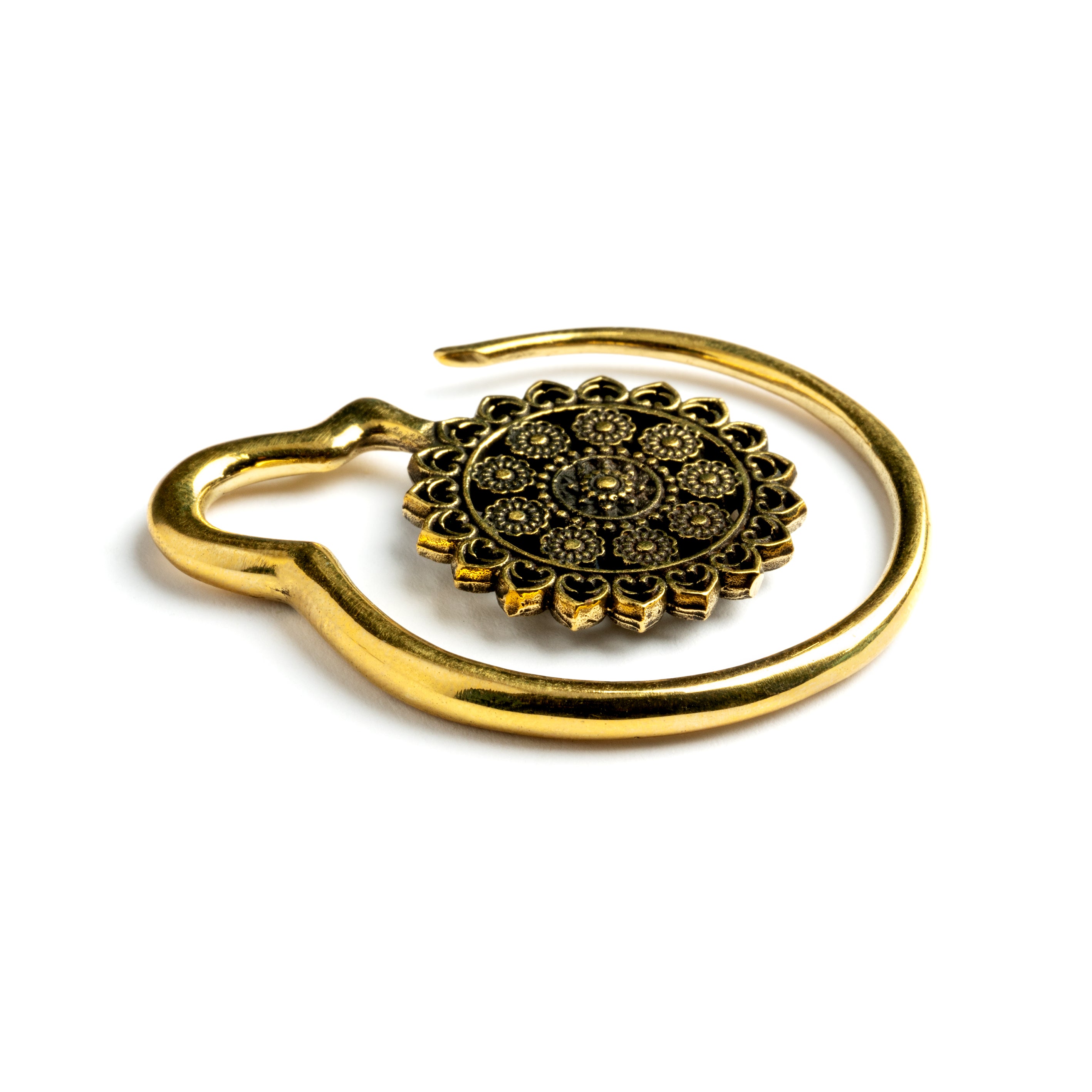 single gold brass hook ear hanger with intricate floral filigree side view 