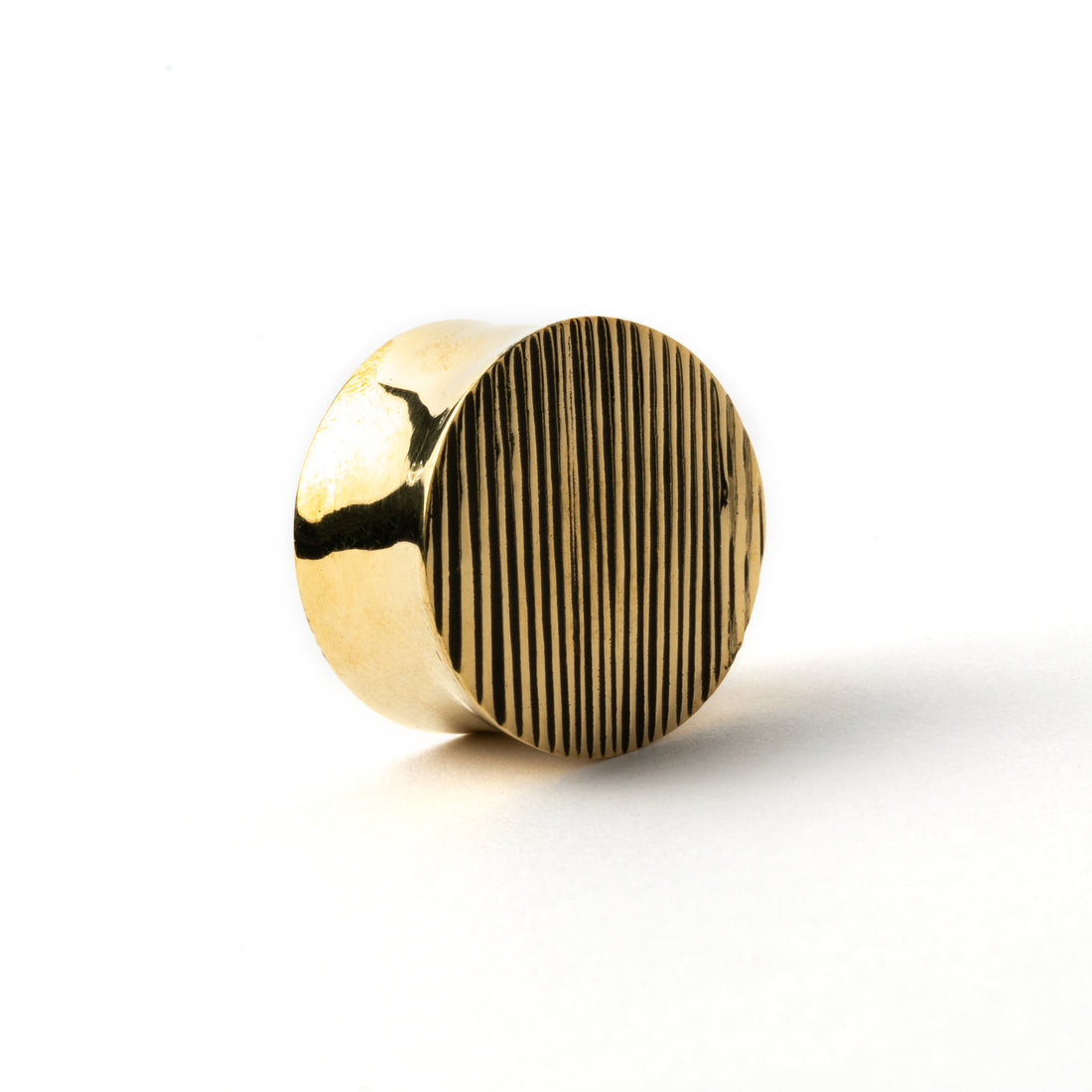 golden brass scratched plug earring right side view